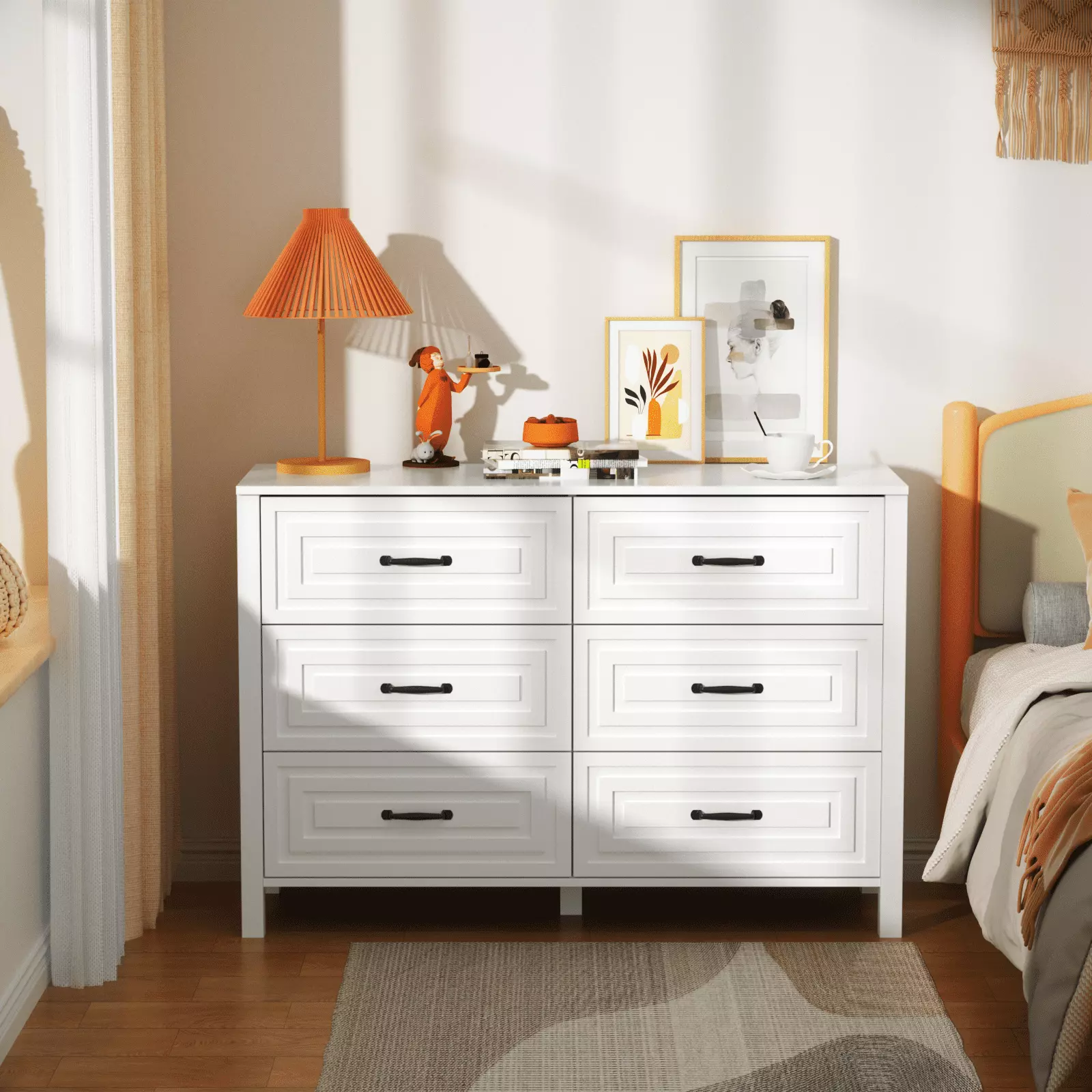 HOMWOO Modern White 6 Drawer Dresser Metal Handles - Wide Storage Cabinet Living Room