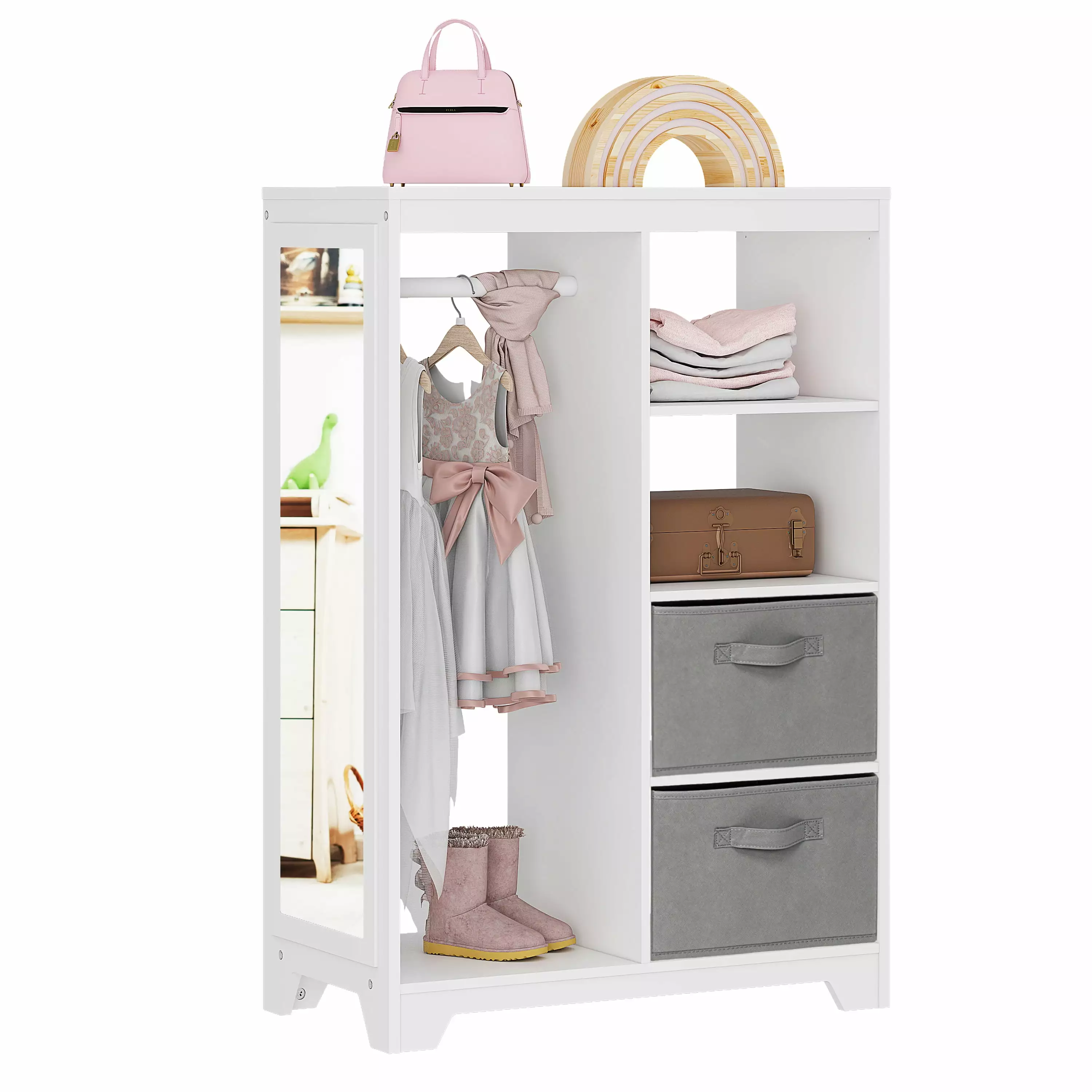 UTEX Kids Dress Up Storage Mirror and Storage Bin Play Armoire Dresser Costume Arranger