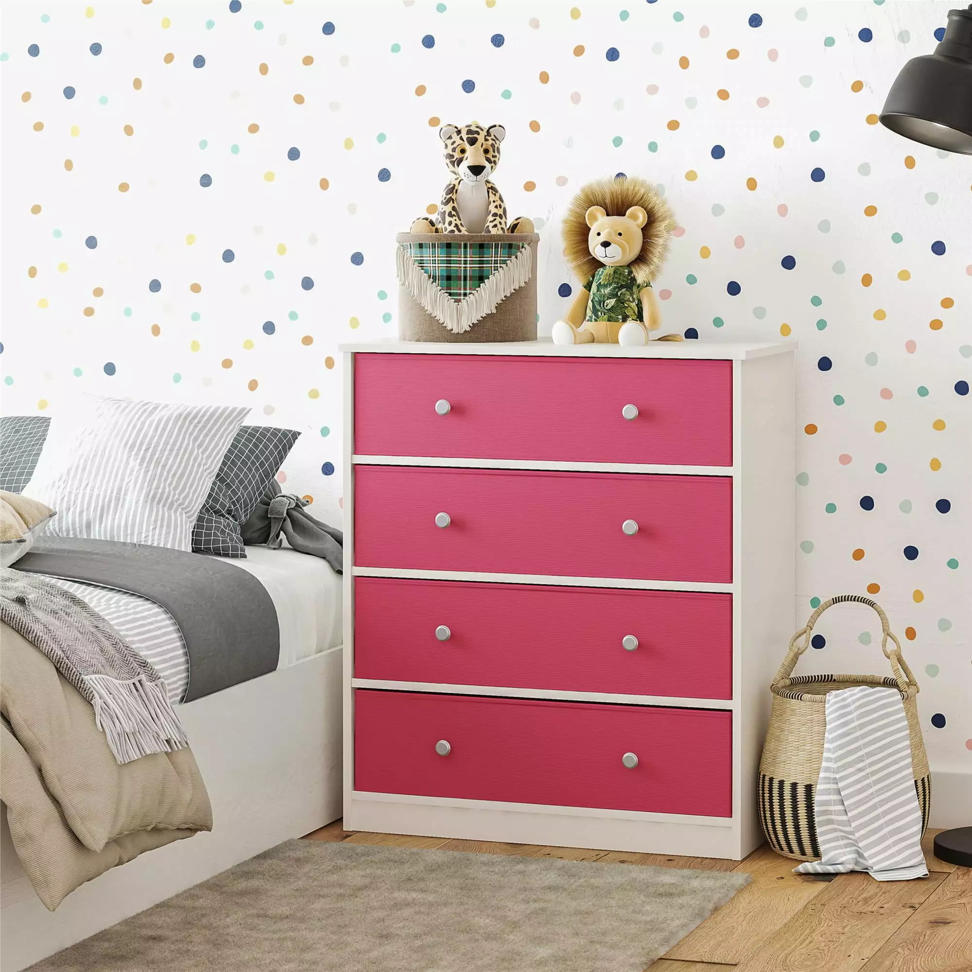 Mya Park Tall Dresser 4 Fabric Bins White and Pink Ameriwood Home