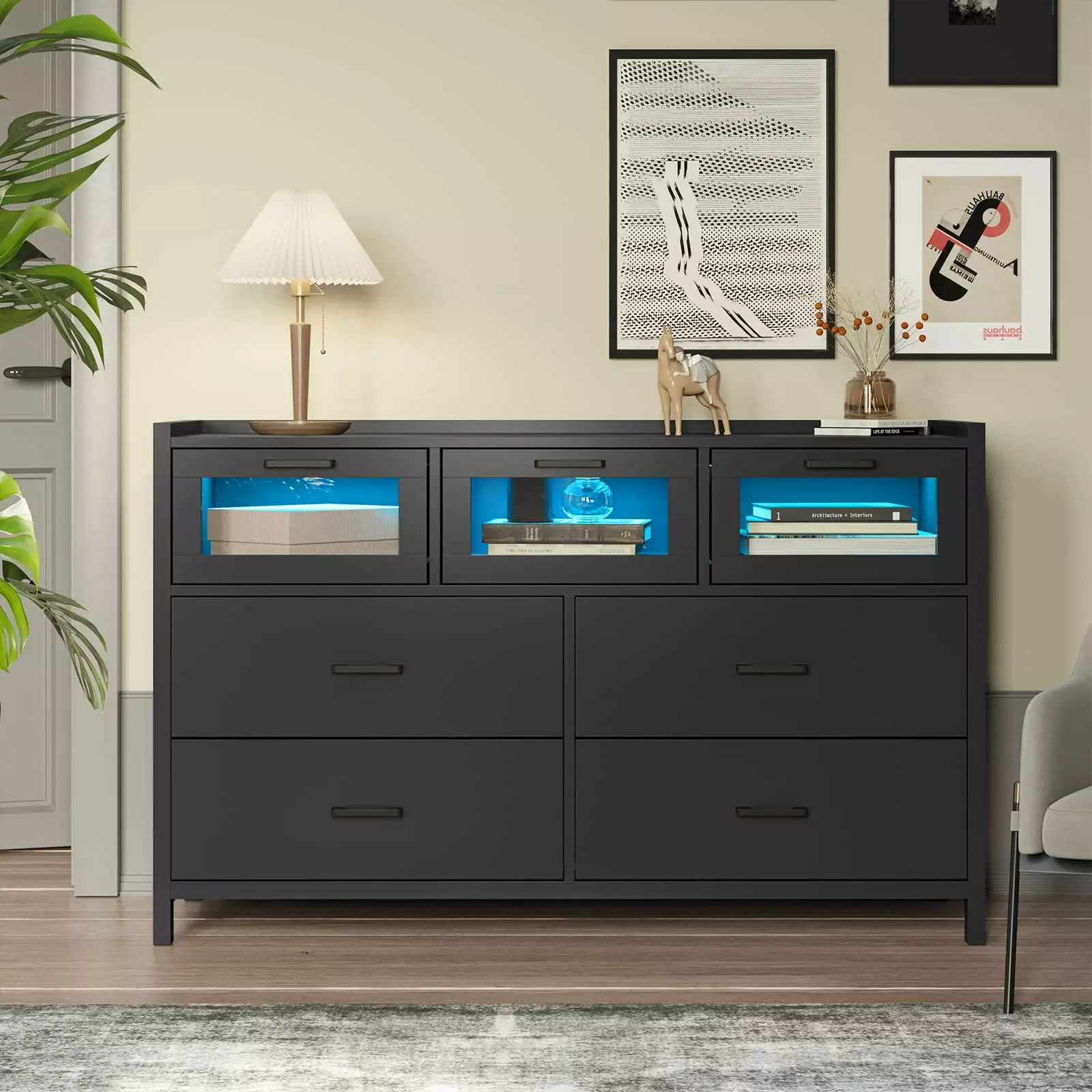 Black 7 Drawer Dresser LED Lights - Wooden Long Dresser Bedroom and Kids Room AOGLLATI