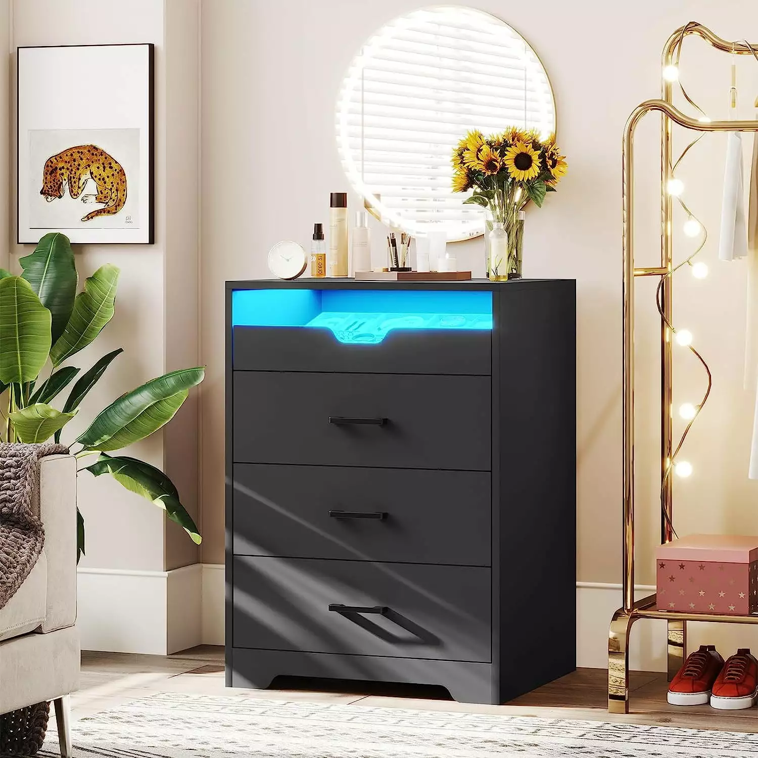 3 Drawers Dresser LED Lights Bedroom - Tall Storage Chest Pull-Out Tray - Space Saving Black Dresser Small Spaces AOGLLATI