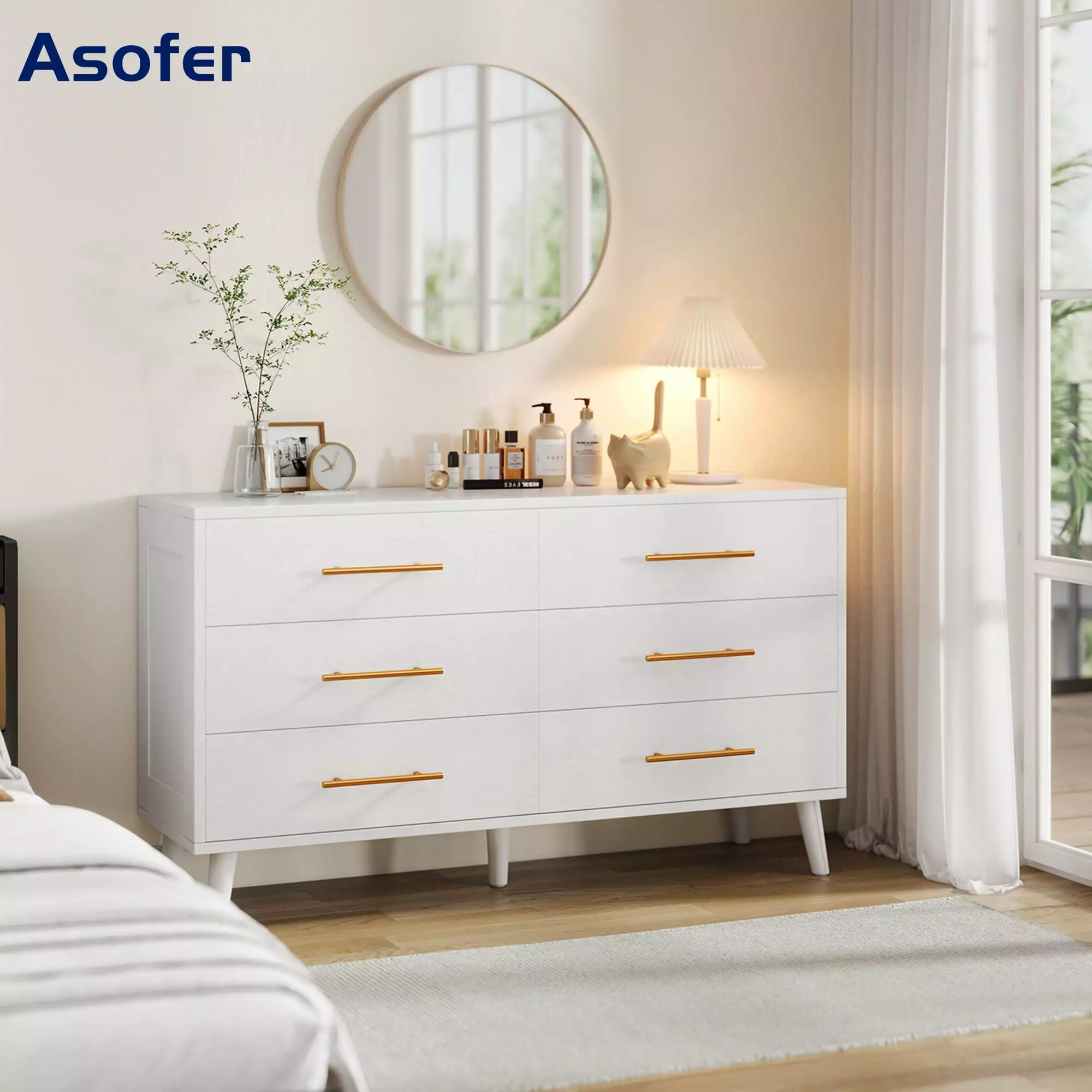 Asofer 6 Drawer Dresser White Wood Storage Chest Bedroom Living Room