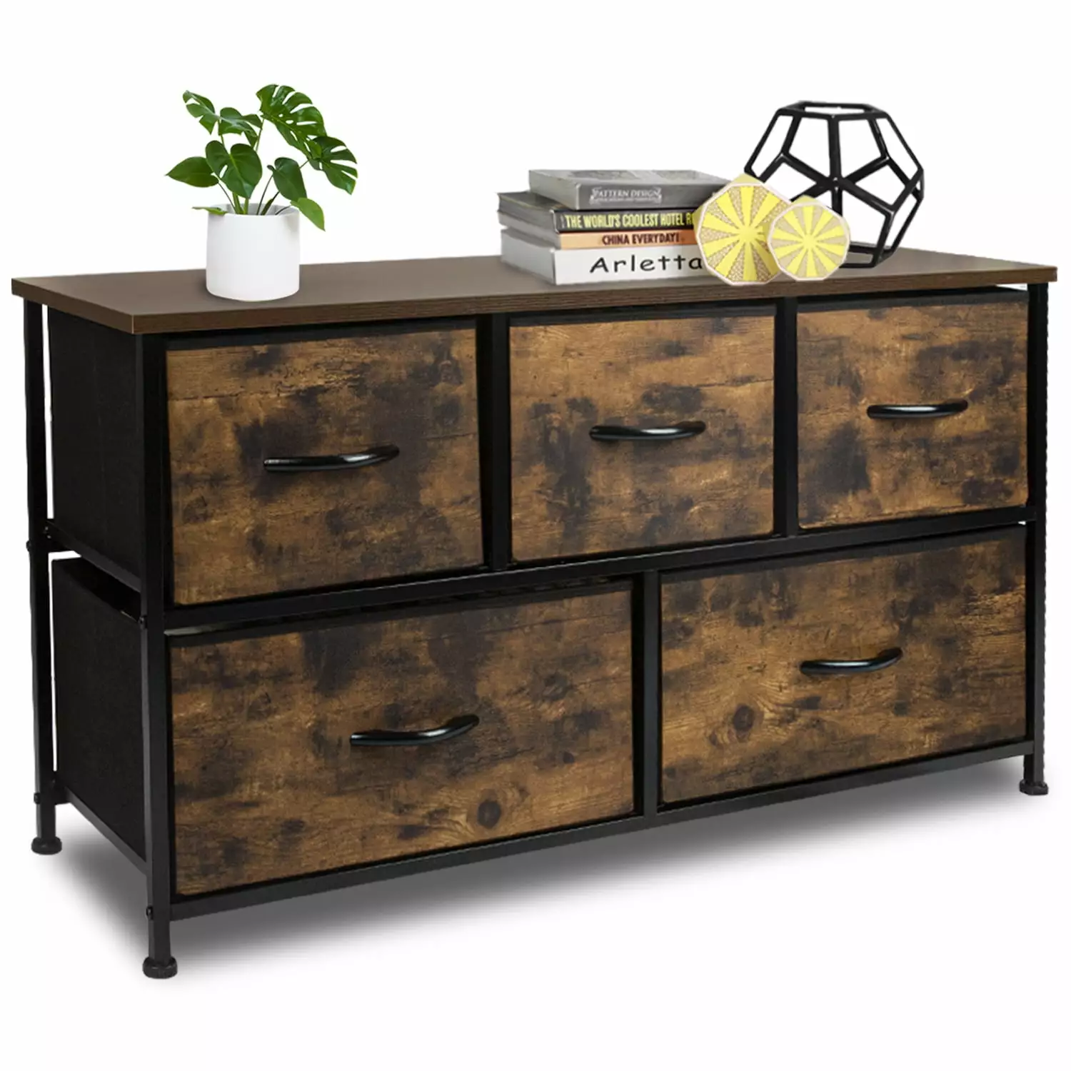 Cerbior 5 Drawer Tall Fabric Dresser Storage Cabinet Bedroom Living Room Rustic Brown