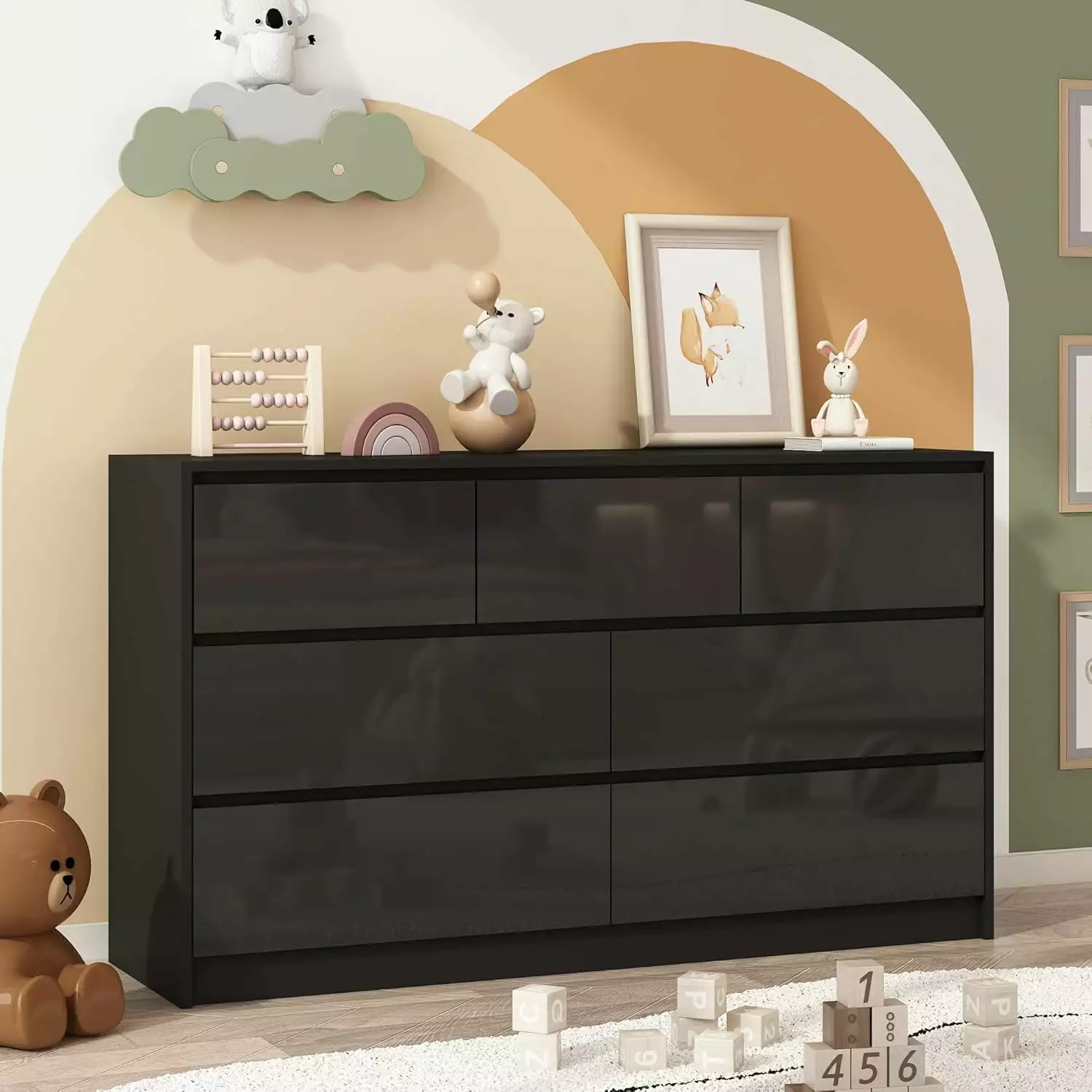 ChVans 7 Drawer Black Dresser Bedroom High Gloss Wood Chest Drawers