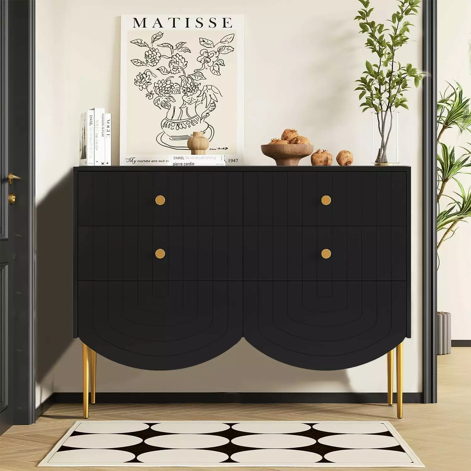 DIUBAS 6 Drawers Dresser Chest Bedroom - Modern Wood Storage Dresser Metal Handles Black