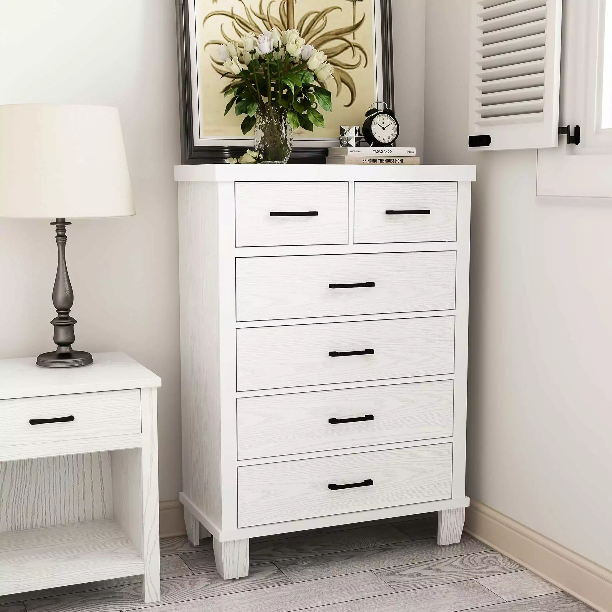 DSstyles Dresser 6 Drawers Bedroom Vintage Design Wood Drawer Dresser Chest Drawers Closet Living Room Hallway Kids Bedroo...