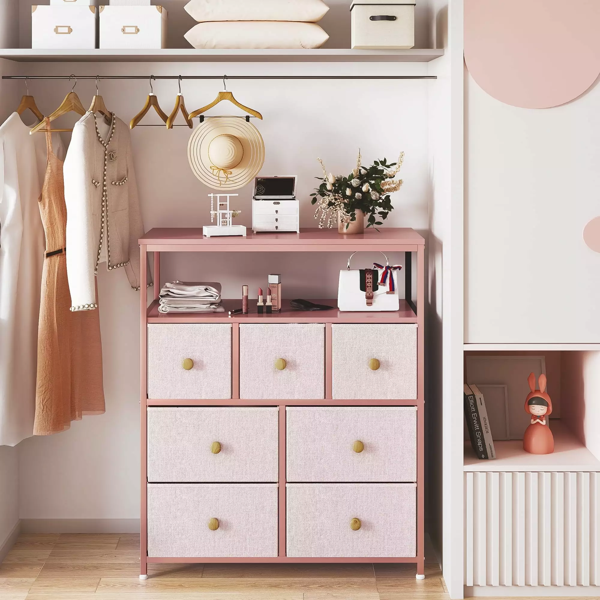 EnHomee Dressers Bedroom 7 Drawers Pink Dresser Girls Fabric Chest Drawers Wood Shelves