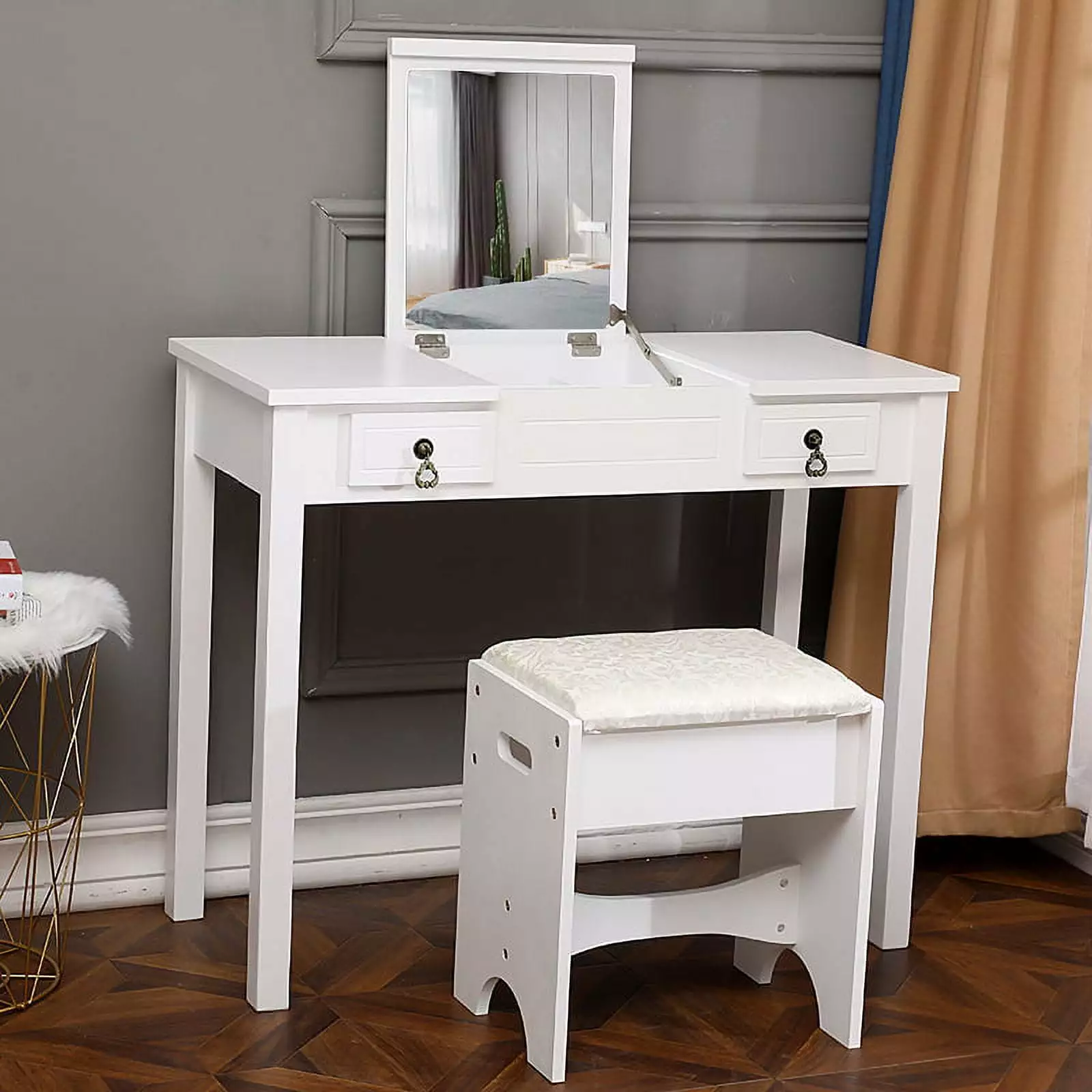 Fairnull Flip Single Mirror Double Drawers Straight Feet Dresser White Finish