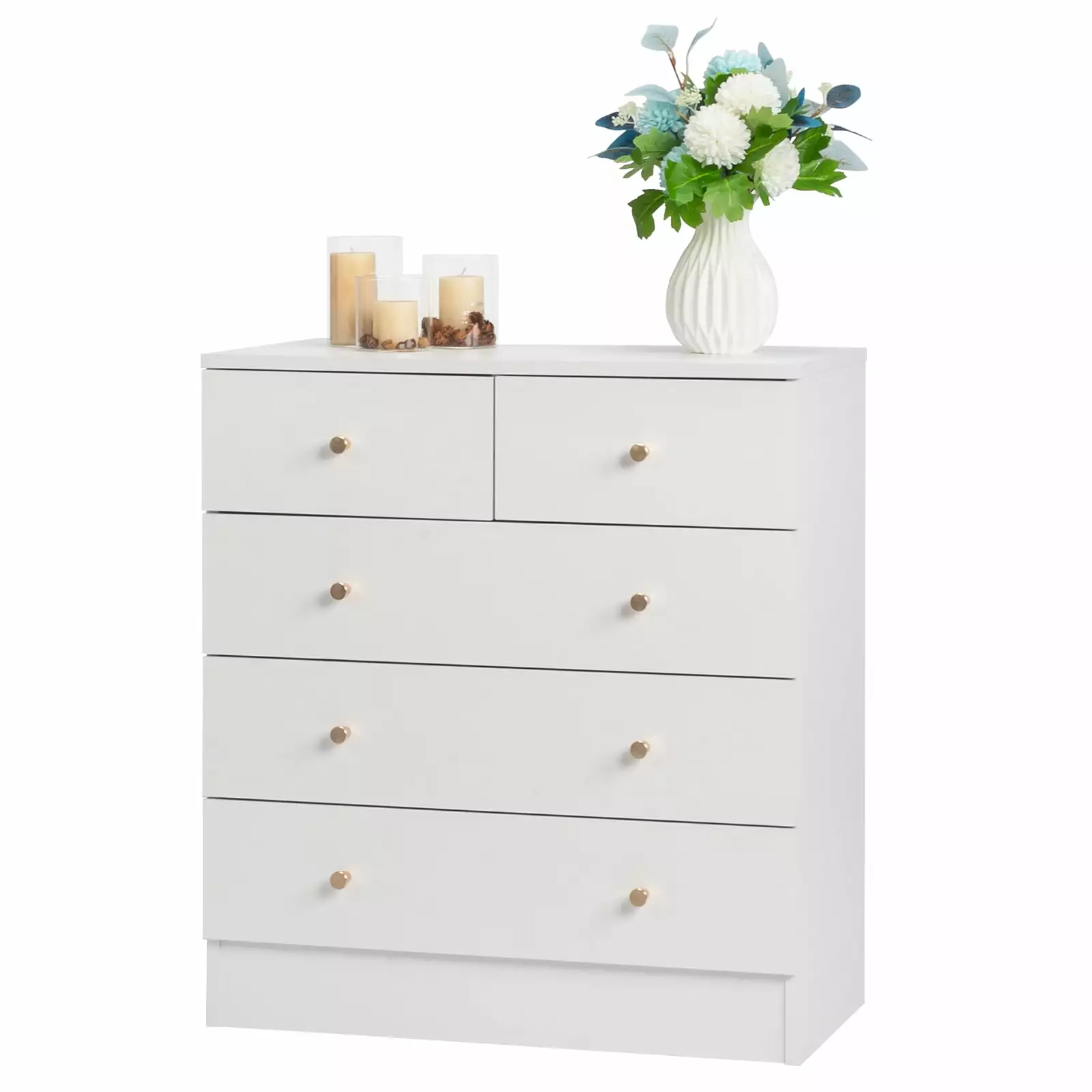 GoDecor 5-Drawer Dresser Chest Wooden Storage Cabinet Bedroom Living Room Hallway White FCH