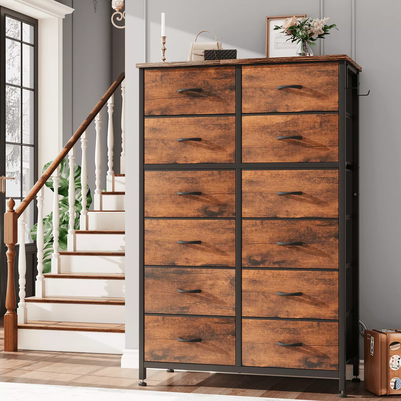 GIKPAL 12 Drawer Dresser Tall Fabric Dresser Steel Frame and Wooden Top Kids and Adults Brown