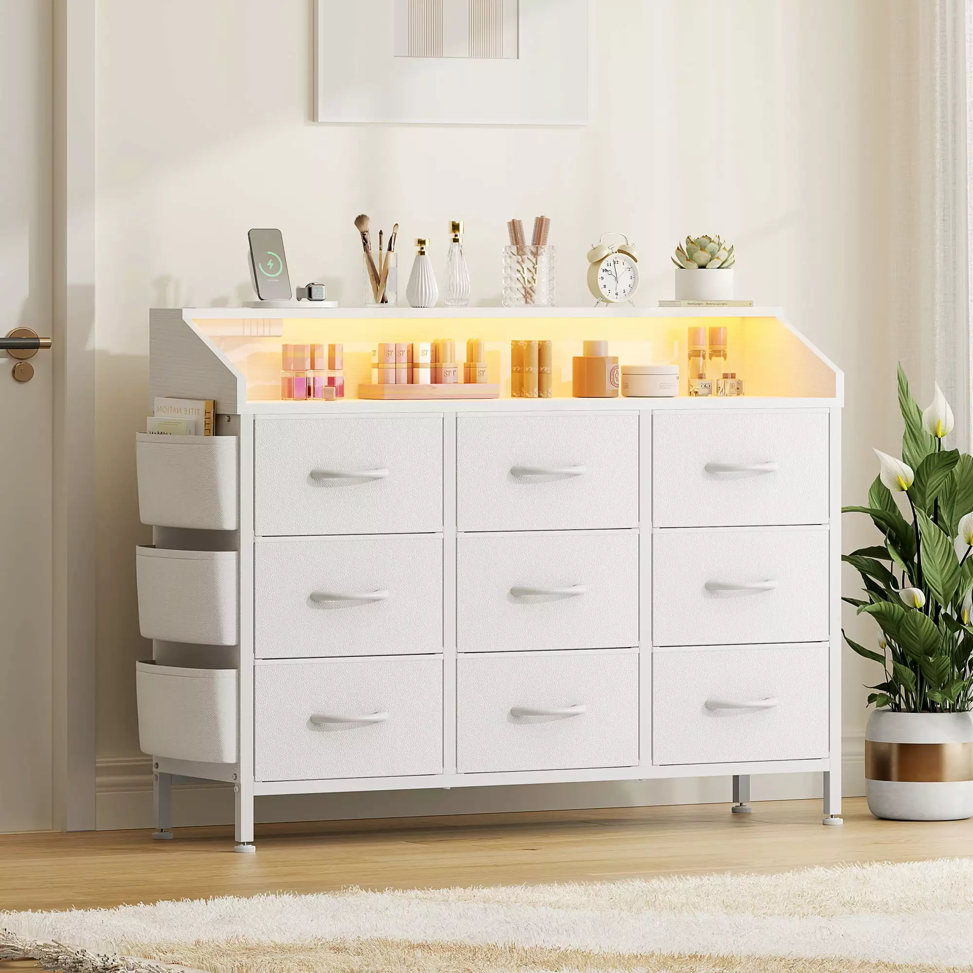 GIKPAL White Dresser Bedroom 9 Drawers - Fabric & Leather Finish Dresser LED Light & Charging Station