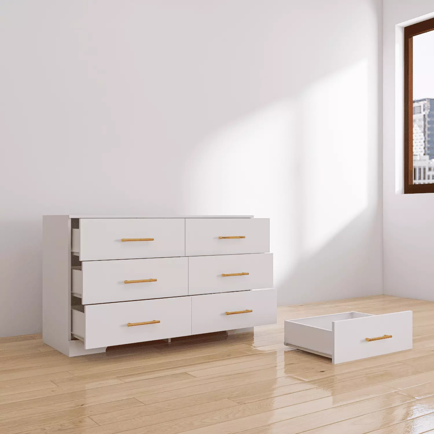 Hommoo 6 Drawer Chest Drawers Dresser Table Golden Handle White Cabinet Living Room