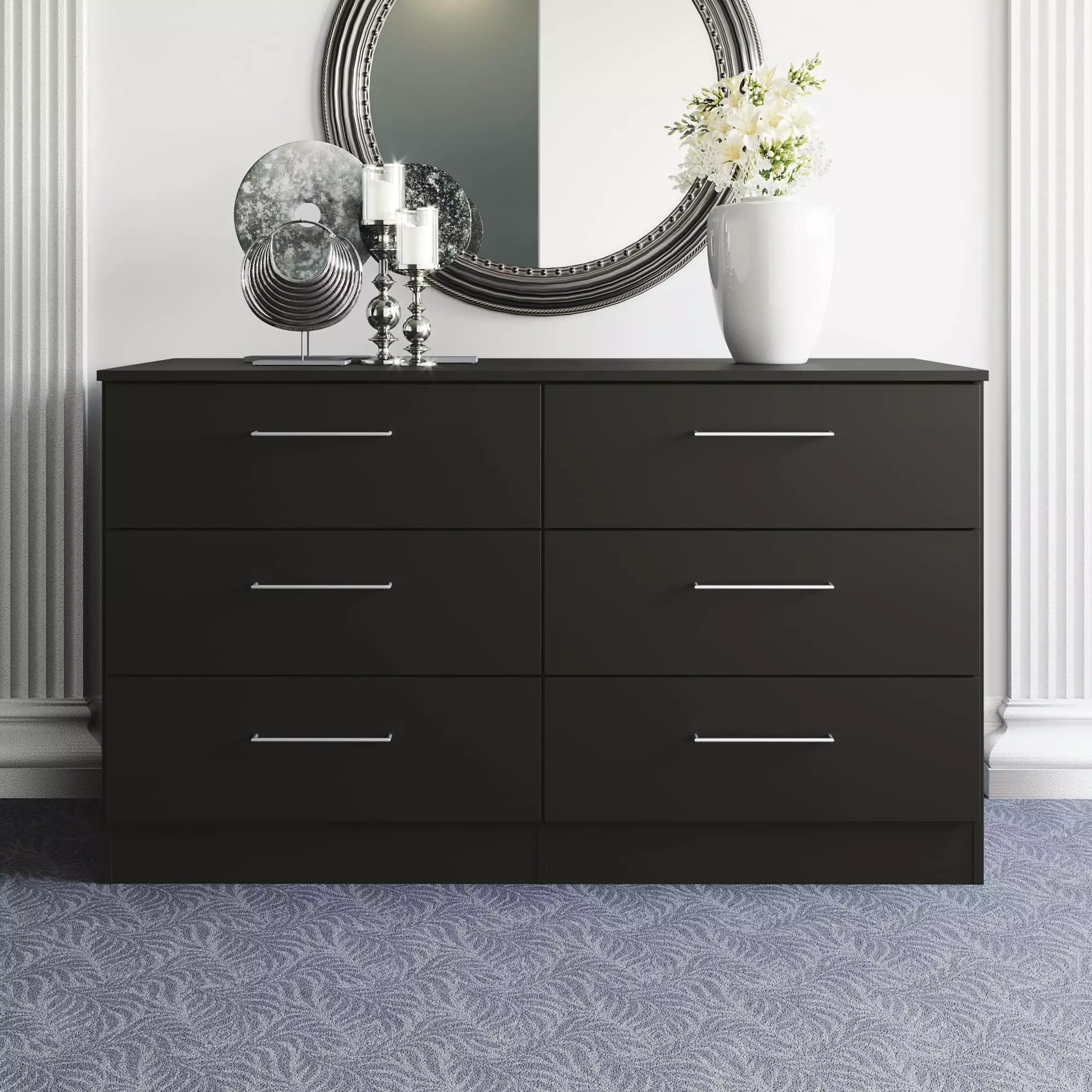 Jolyne 6-Drawer Horizontal Dresser Black Finish Bedroom Clothes Storage 50.39 Inch Wide K1 International Group