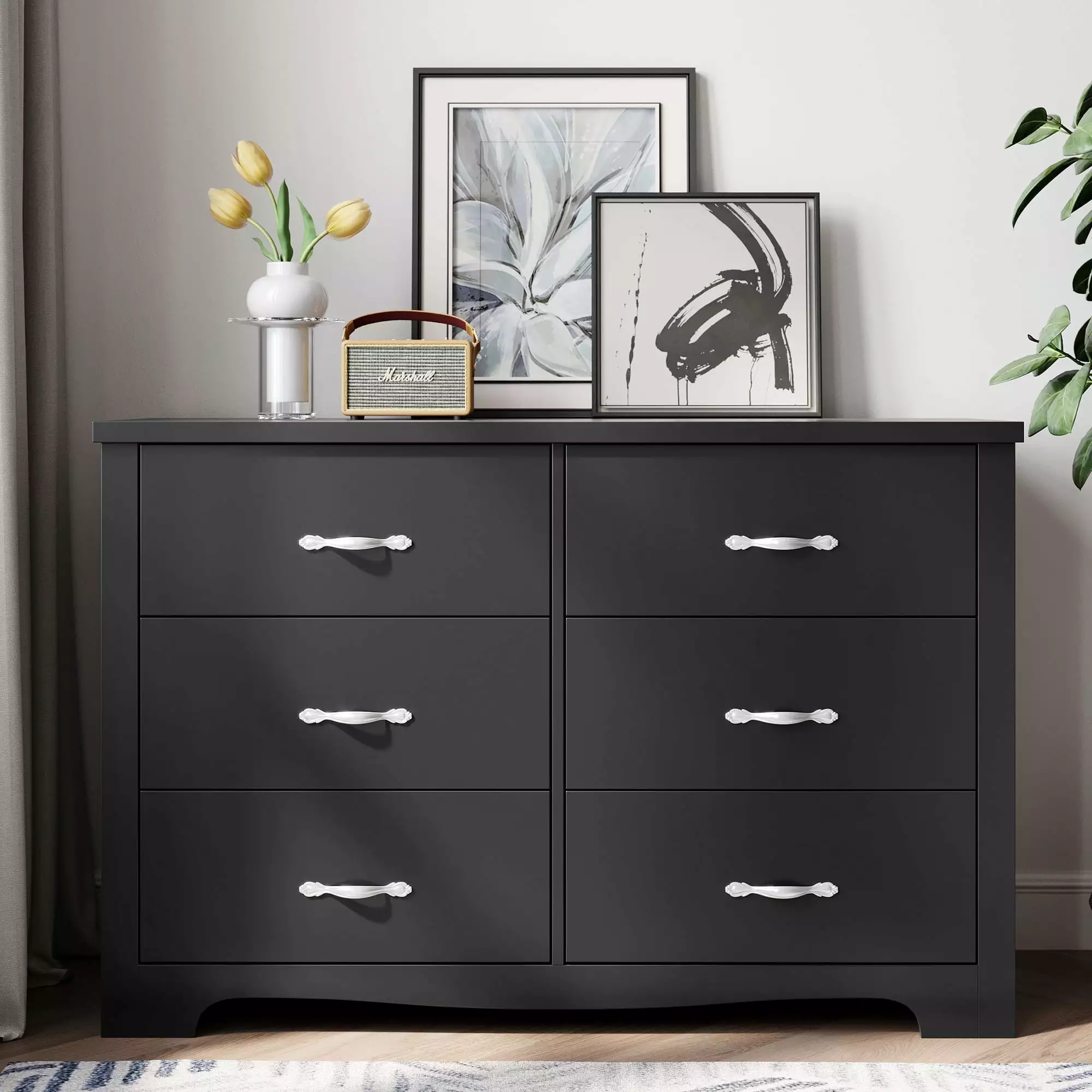 LINSY HOME Black Double Dressers Chest 6 Drawers