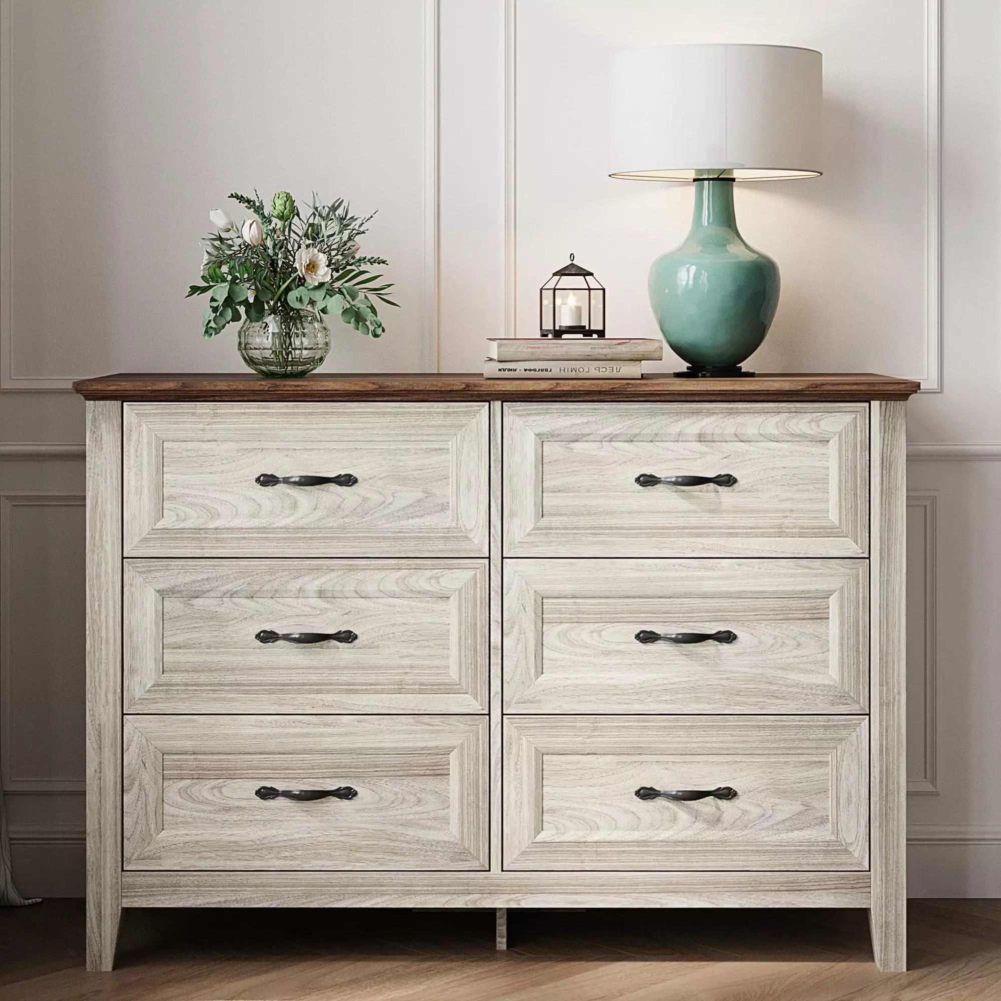LINSY HOME Dresser Bedroom Long Dresser 6 Drawers and Antique Handles Rustic Oak