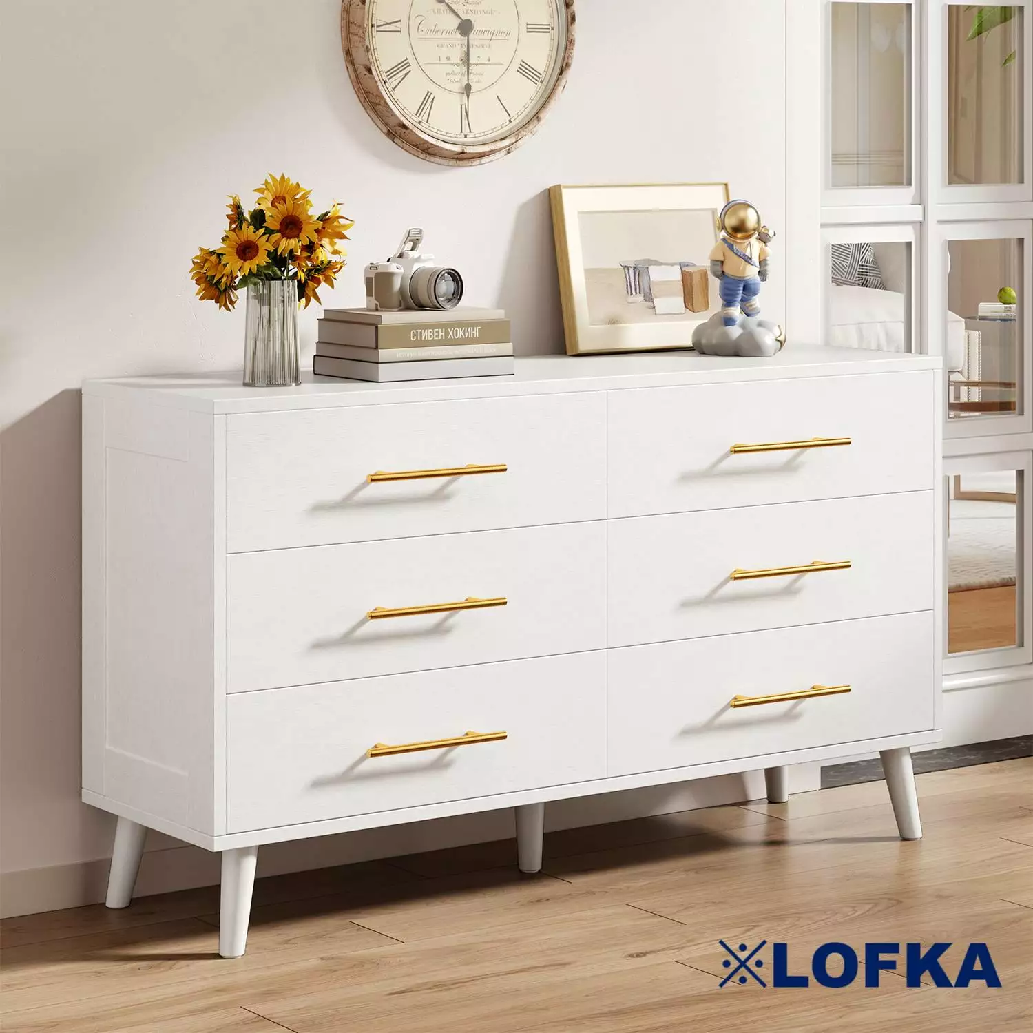 Lofka 6 Double Drawers Dresser Gold Metal Handle White Double Dresser Storage Cabinet