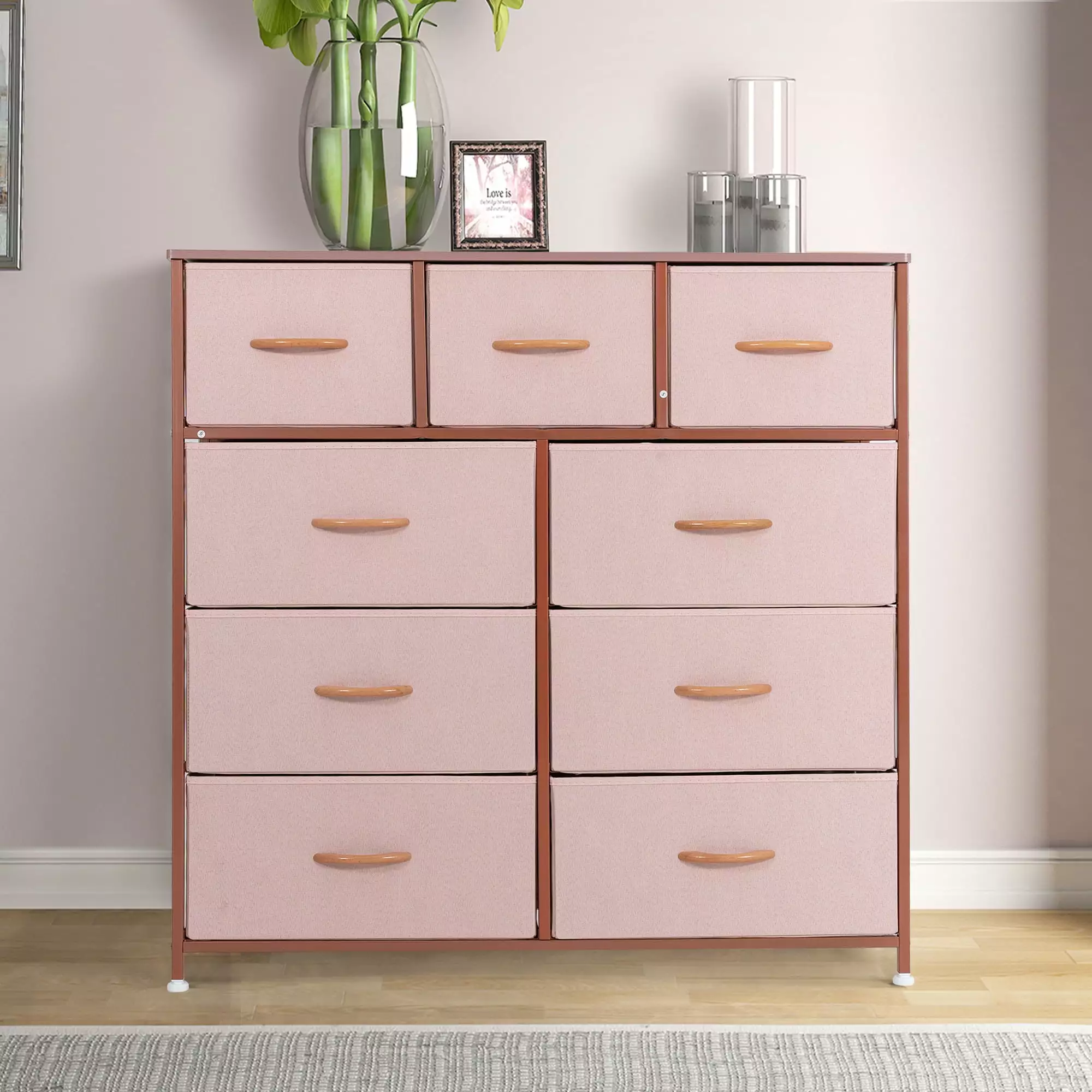 Prime Garden 9 Drawers Dresser Kids - High Storage Tower Furniture Wood Top, Pink