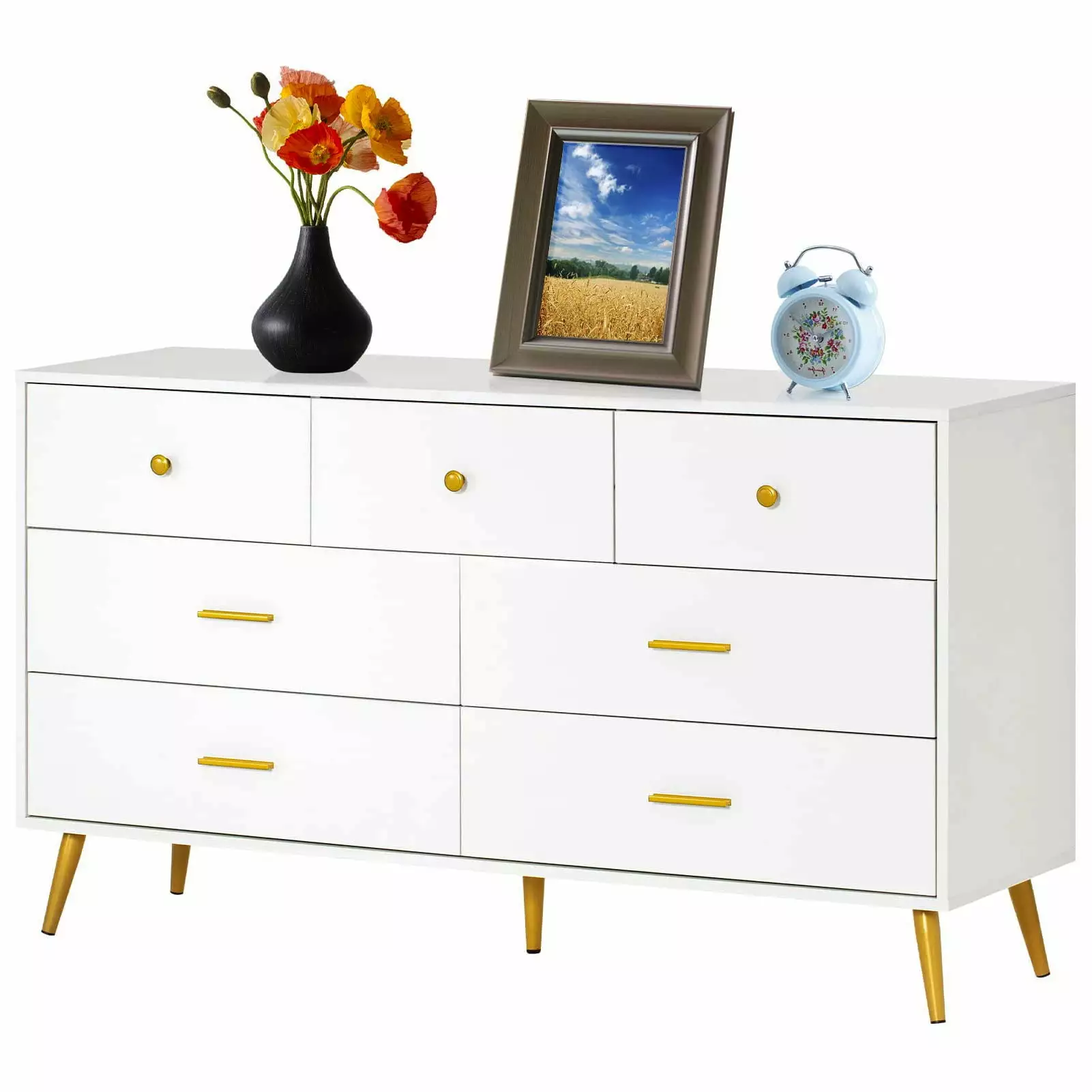 55-inch White and Gold 7 Drawer Dresser Chest Drawers Wood Bedroom Arranger PWFE