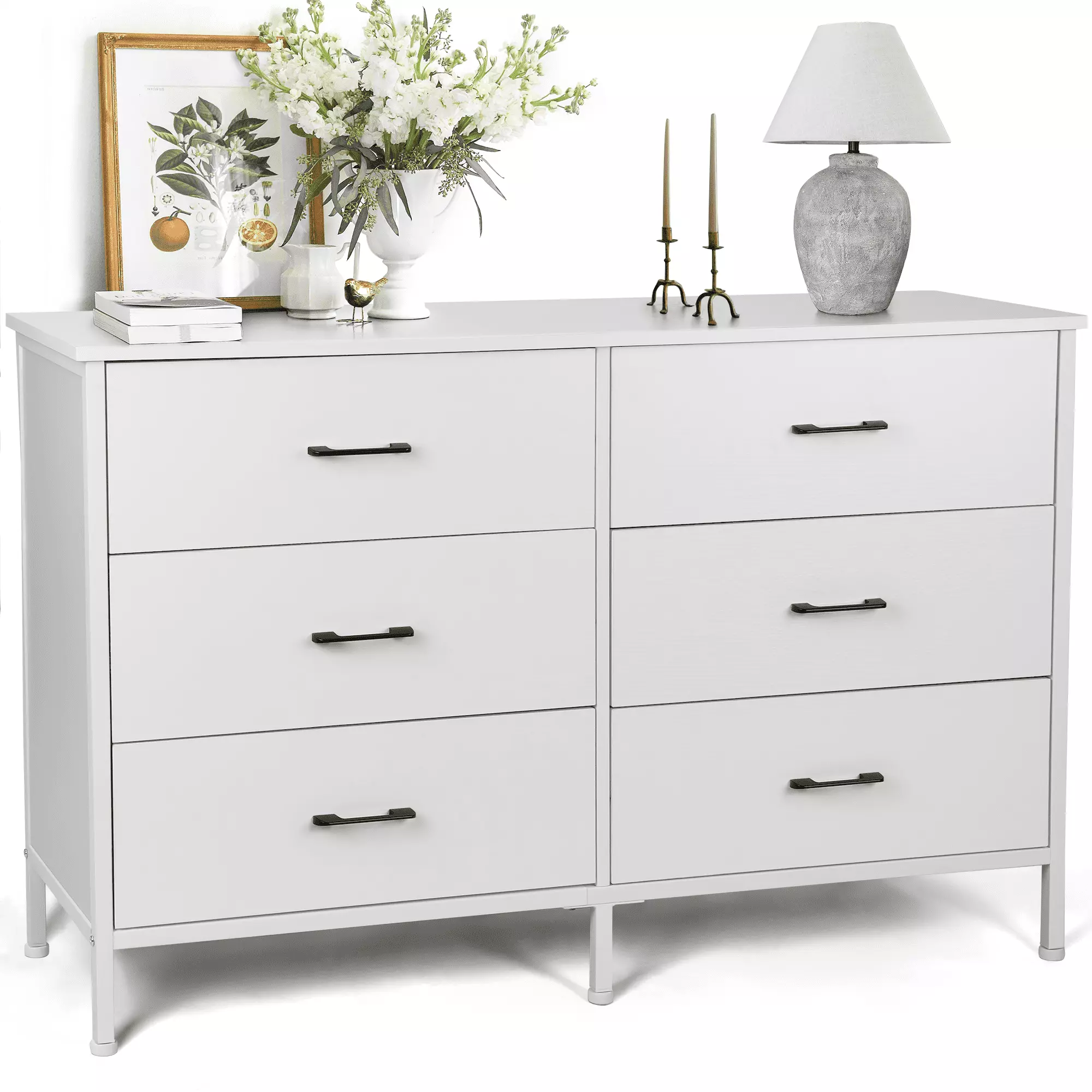 47.3 Inch White 6 Drawer Dresser Chest Bedroom Living Room Hallway Nursery Storage Cabinet RichYa