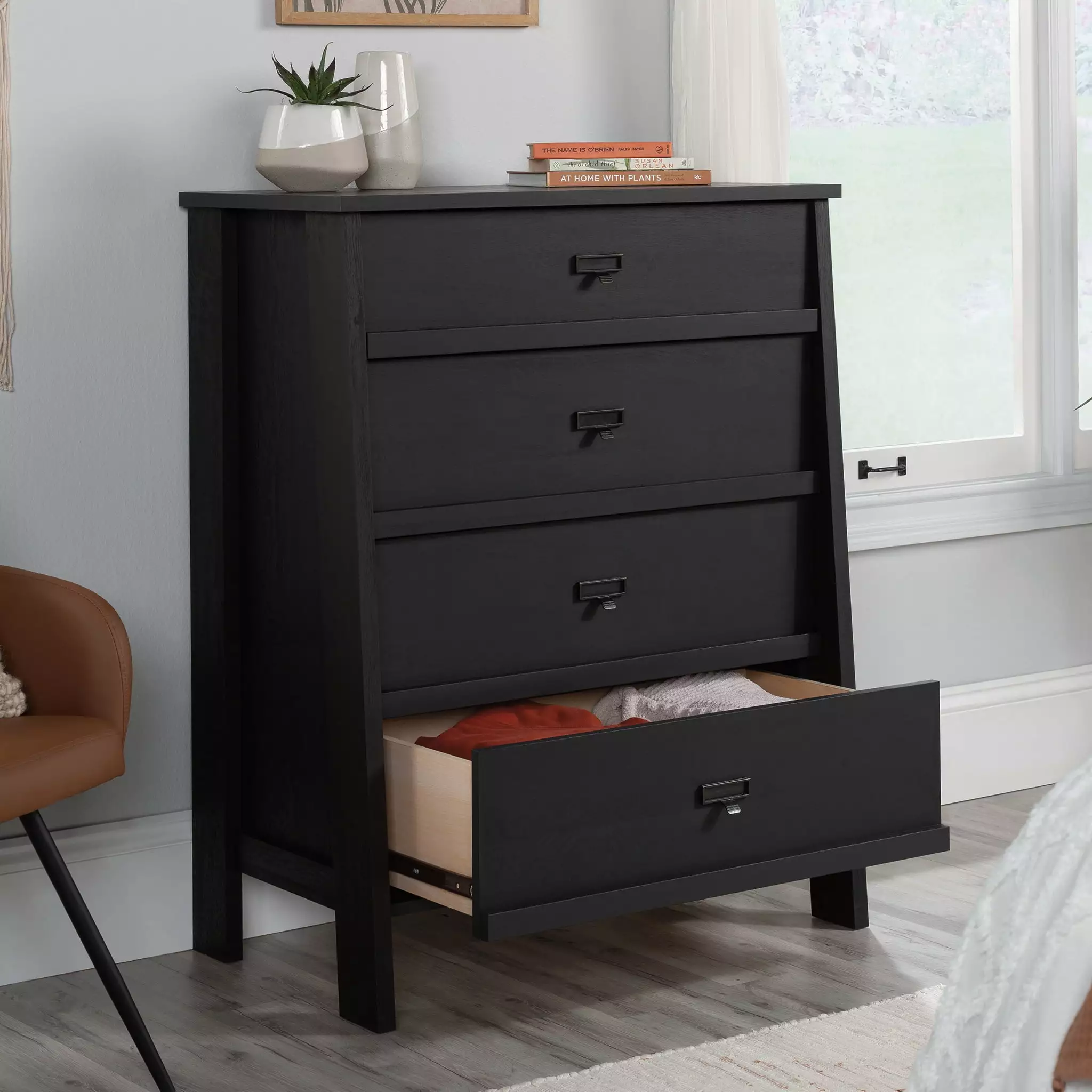 Sauder Trestle 4-Drawer Bedroom Dresser Raven Oak Finish Wood Storage Furniture