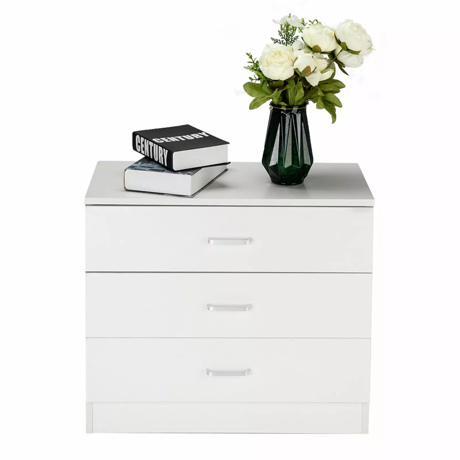 White Wooden 3 Sliding Drawer Chest, Office Under Desk File Storage Cabinet, Bedside Nightstand Seizeen