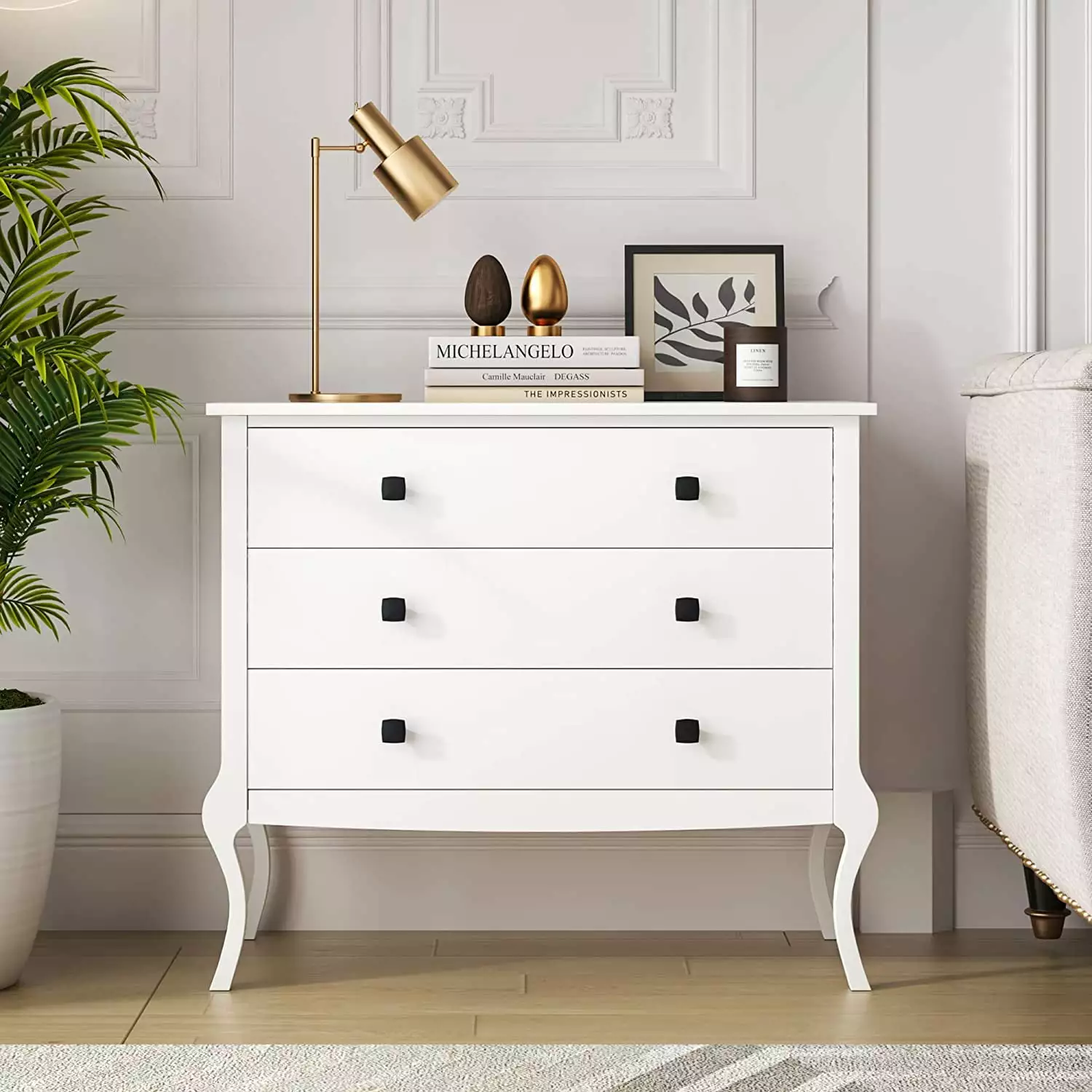 Soges White Dresser 3-Drawers Storage Cabinet Wide Drawers Curved Legs