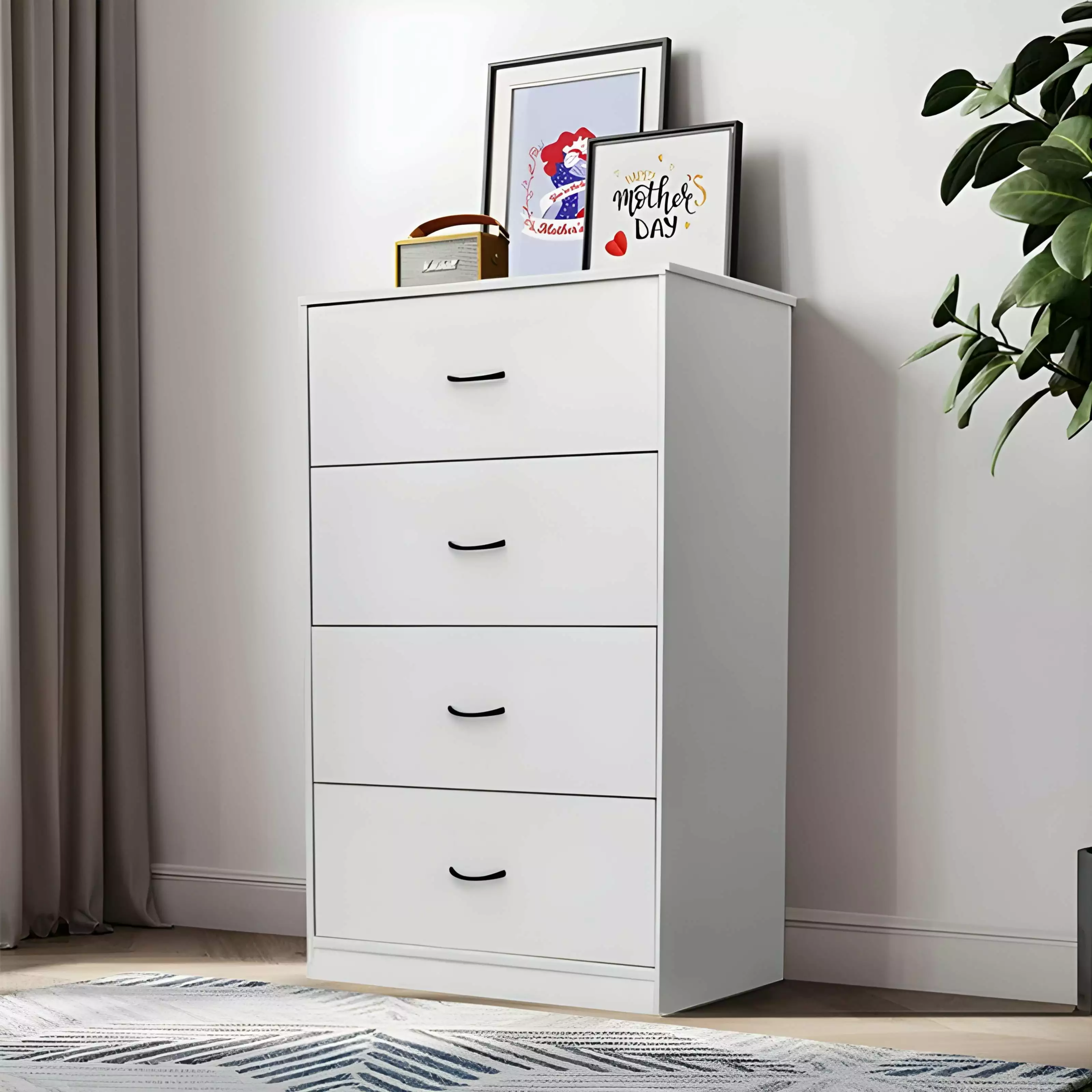 SUGIFT 4 Drawer Wood Dresser Bedroom Modern Storage Cabinet Light Gray