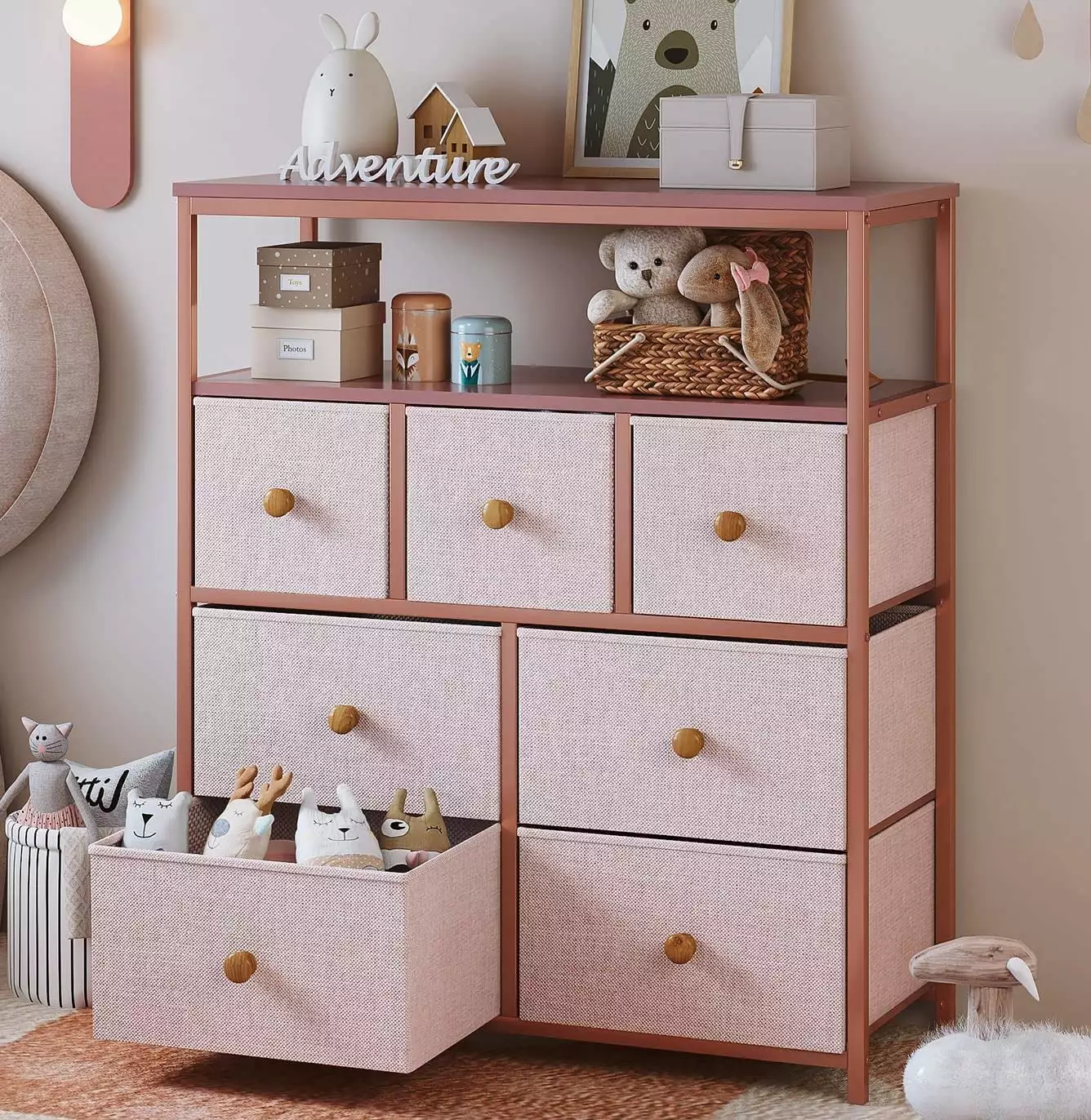 Pink Dresser Girls Bedroom - 7 Drawers and 2 Shelves - Wooden Top and Metal Frame - Nursery Closet Storage Tongou