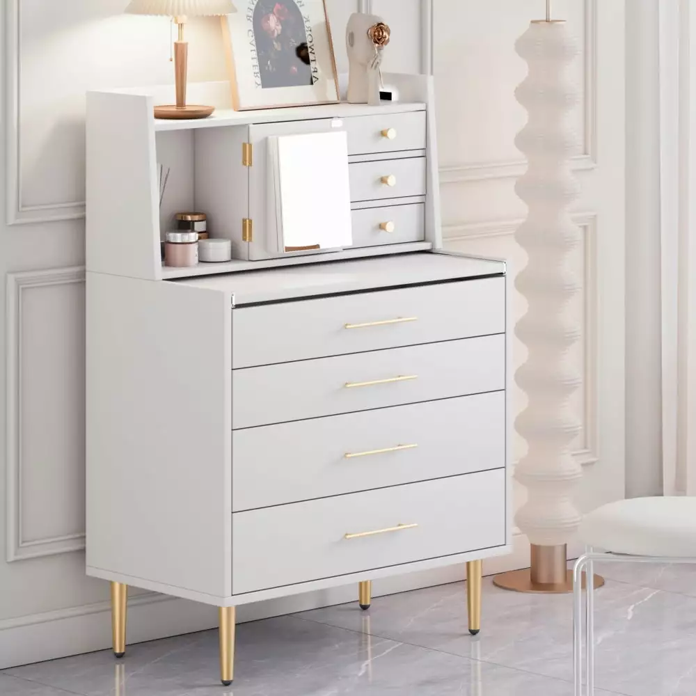 Makeup Dresser Mirror and Retractable Table - White Wooden Storage Cabinet 7 Drawers Triple Tree