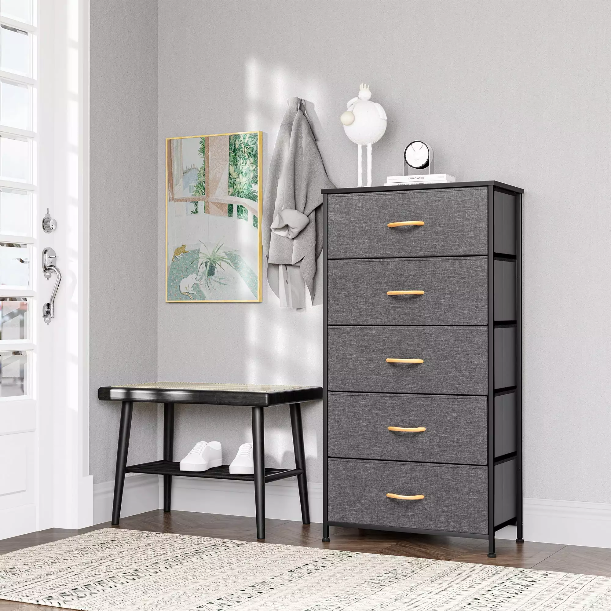 Vredhom Gray 5 Drawer Modern Vertical Dresser - Storage Tower Chest Bedroom