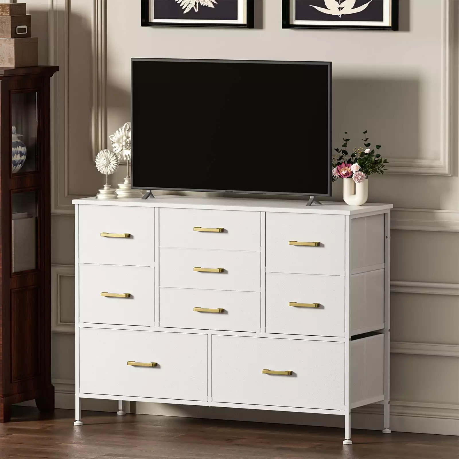 YILQQPER 9 Drawers Fabric Dresser White Media Chest Storage Bedroom Kids Room