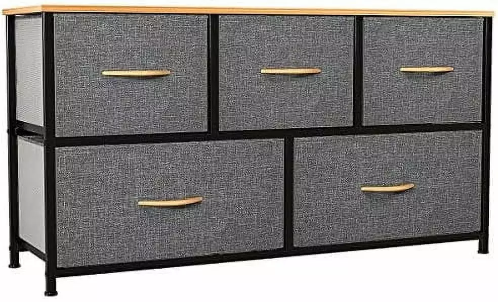 YINTATECH 5 Drawer Dresser Fabric Storage Tower Steel Frame Wooden Top Bedroom Living Room Closets Nursery Cool Grey