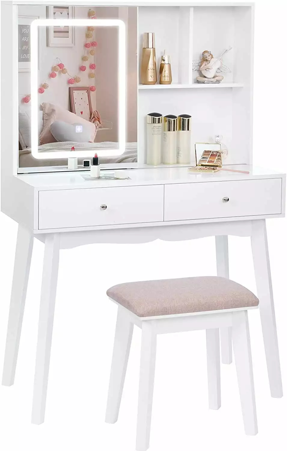 BEWISHOME Vanity Desk Mirror and Lights Makeup Vanity Set 3 Color Lighting Cabinet and 2 Drawers White Dressing Table