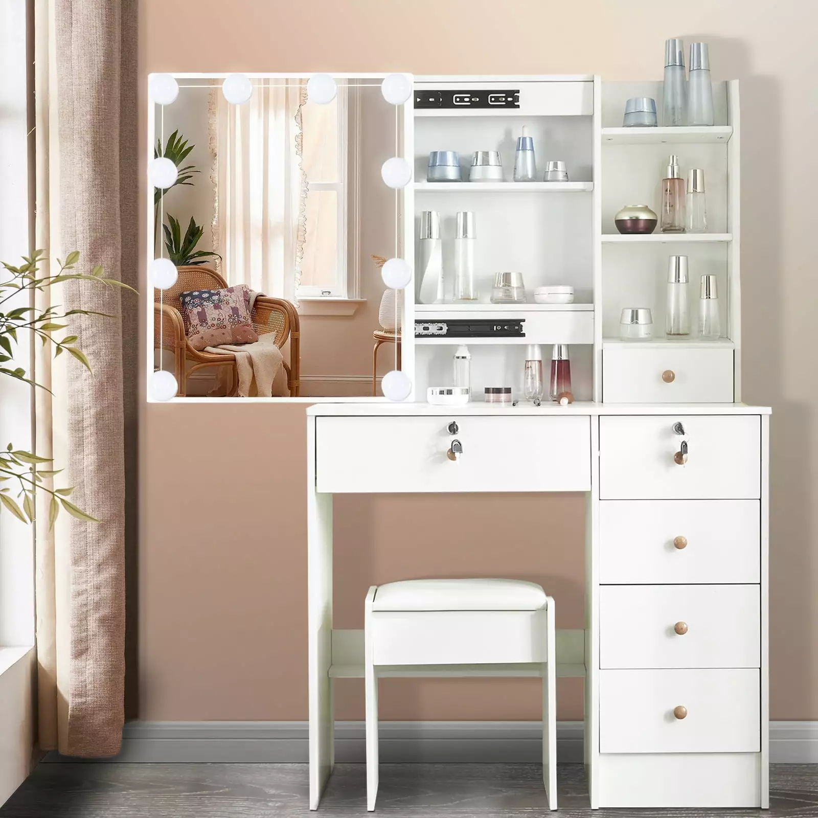 Caulitar Vanity Dressing Table 6 Drawers 10 LED Lights Mirror Makeup Dresser Desk White