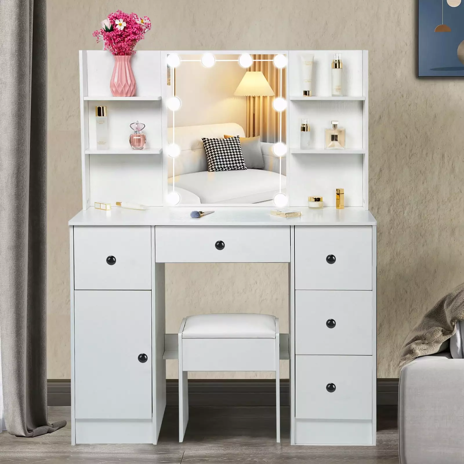 Ciumeeo 39 Inch Large Vanity Desk LED Lighted Mirror - 5 Drawers & Cabinet Stool White