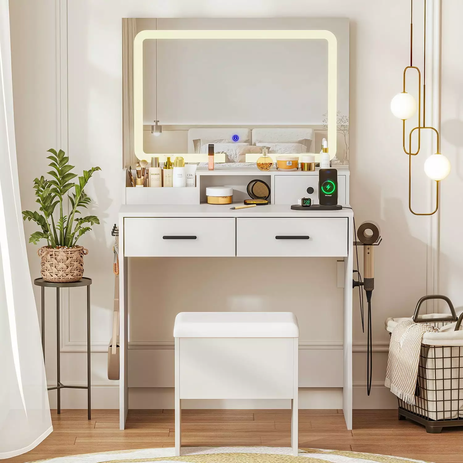 Cottinch Makeup Dressing Table Touch Screen LED Mirror and Cushion Storage Stool 2 Outlets 2 USB Ports White Vanity Desk S...