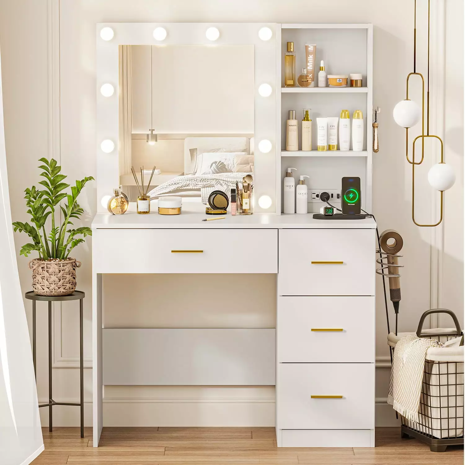 Cottinch Makeup Dressing Table Vanity Desk 3 Color Lighted Mirror 4 Drawers Storage Shelves Power Outlet White