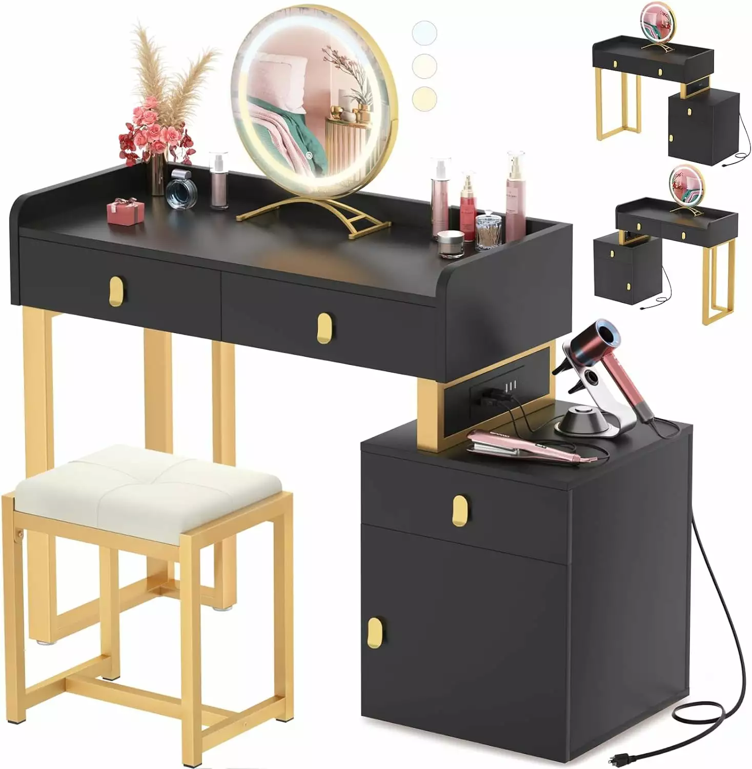 Homisimple 44 Inch Vanity Desk Lighted Mirror Power Outlets Makeup Table and Stool Homieasy