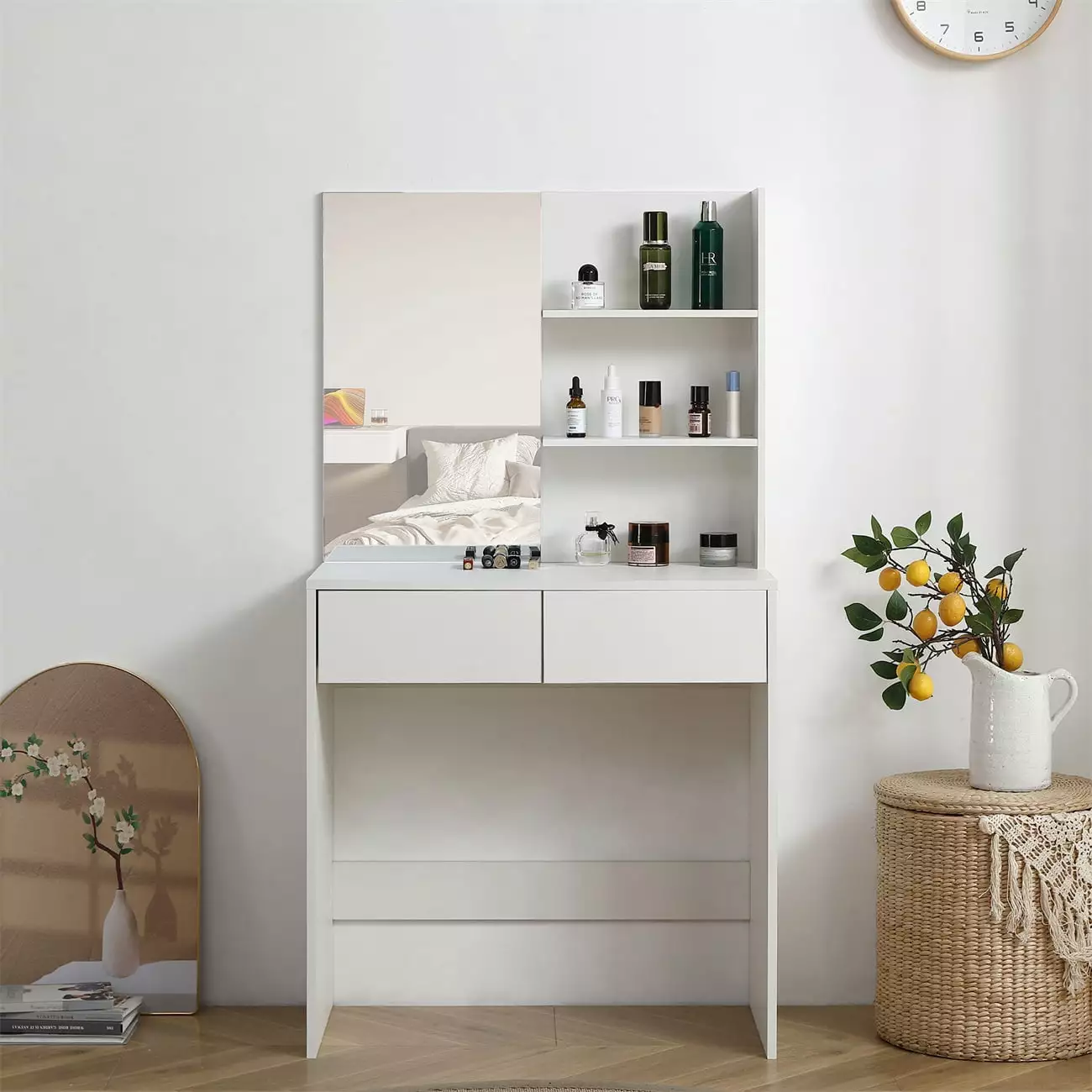 Vanity Desk Mirror Dressing Table 2 Drawers and 3-tier Storage Makeup Desk Bedroom HOMIQUEEN