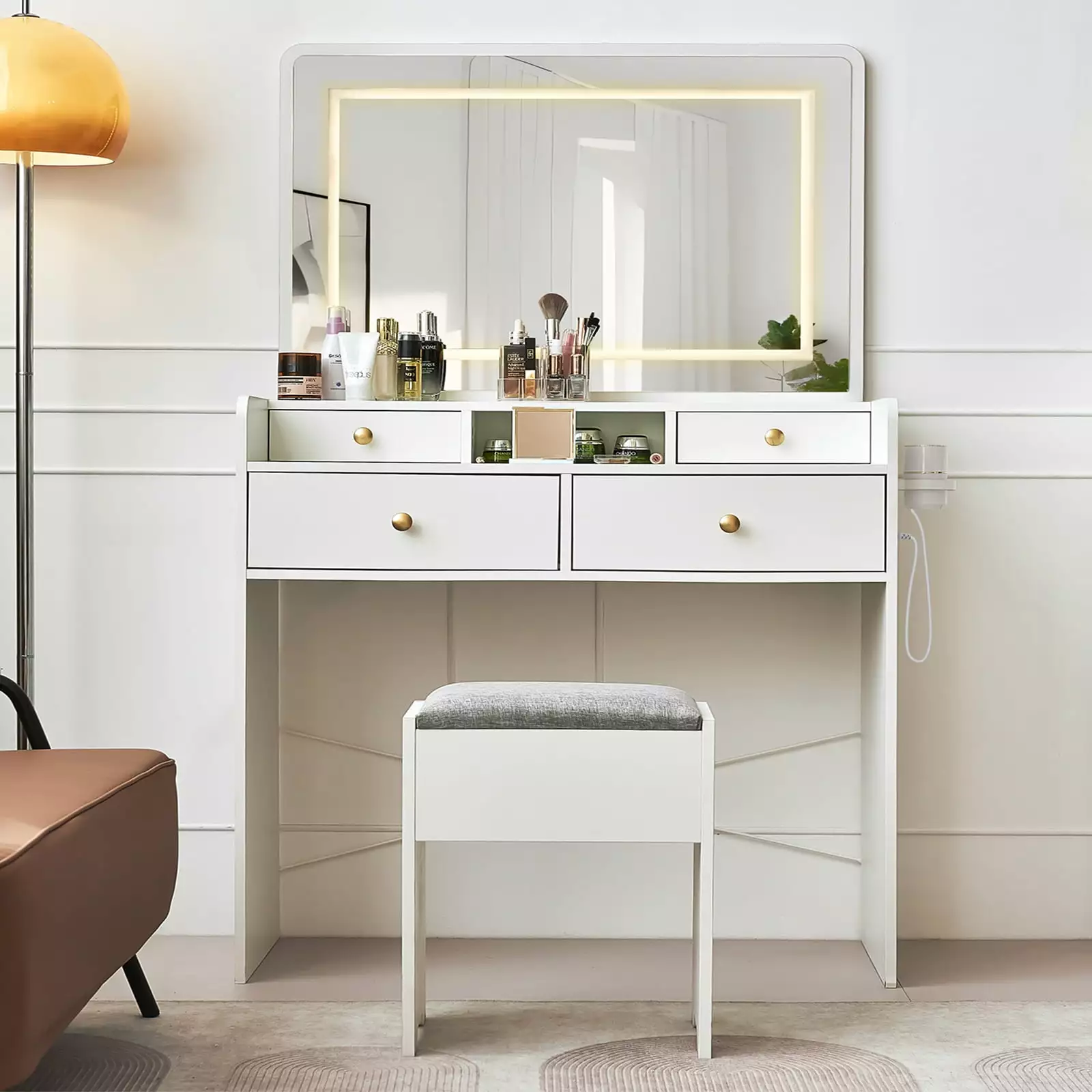 Vanity Desk Set Drawer and Power Outlet 34 Large Mirror Dressing Table Modern White JanflyHome