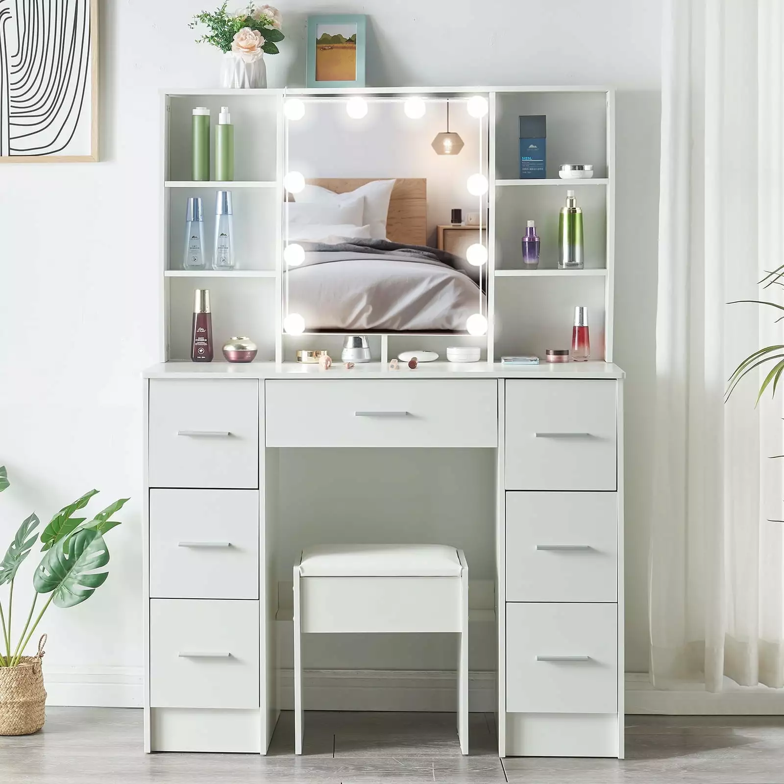 Large Vanity Desk LED Lighted Mirror 7 Drawers Makeup Vanity Table Set Stool JBLCC