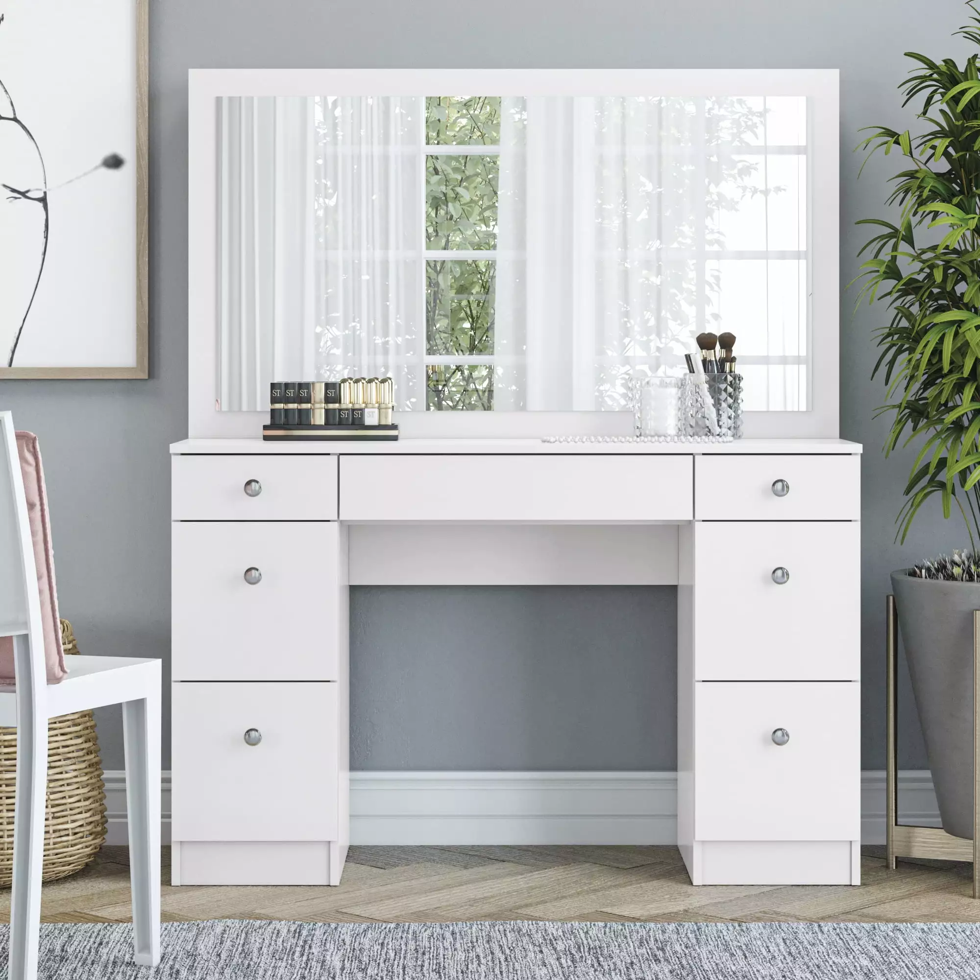 Aspen 7-Drawer Vanity Table White Bedroom 56.3 H x 46.4 W x 15.35 D K1 International Group