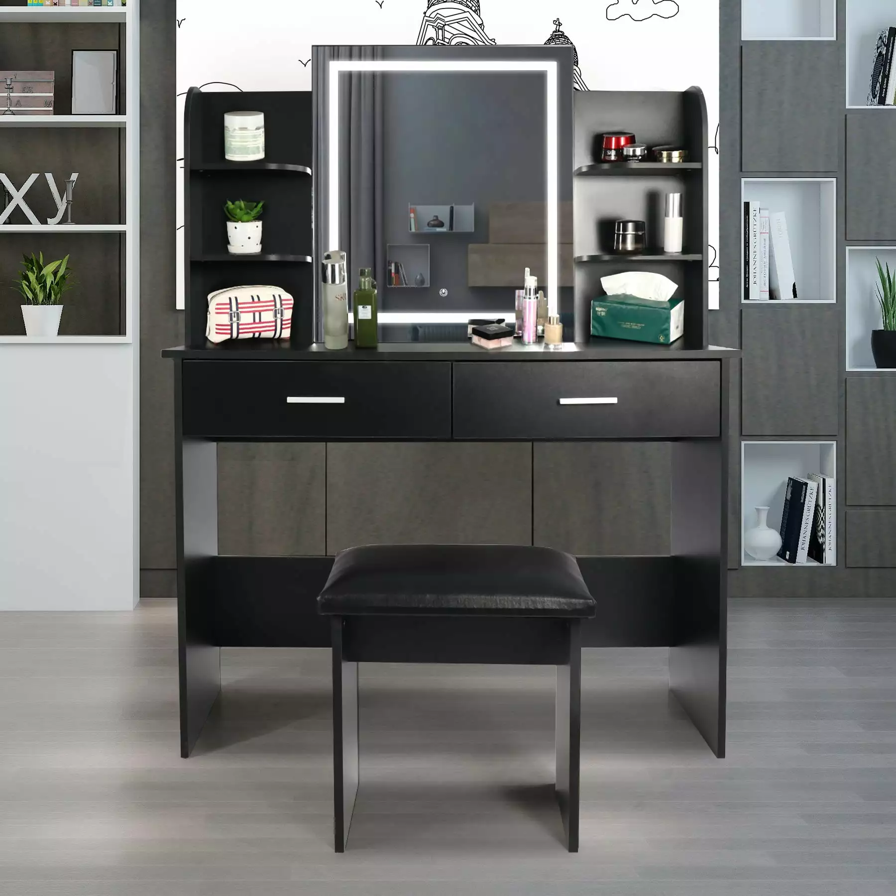 Lineslife Vanity Table Set LED Lighted Mirror Makeup Vanity Desk Drawers and Stool Black