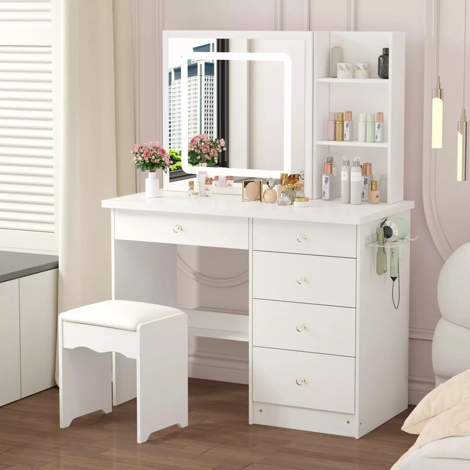 OXYLIFE Makeup Vanity Table Sliding Lighted Mirror and 5 Drawers