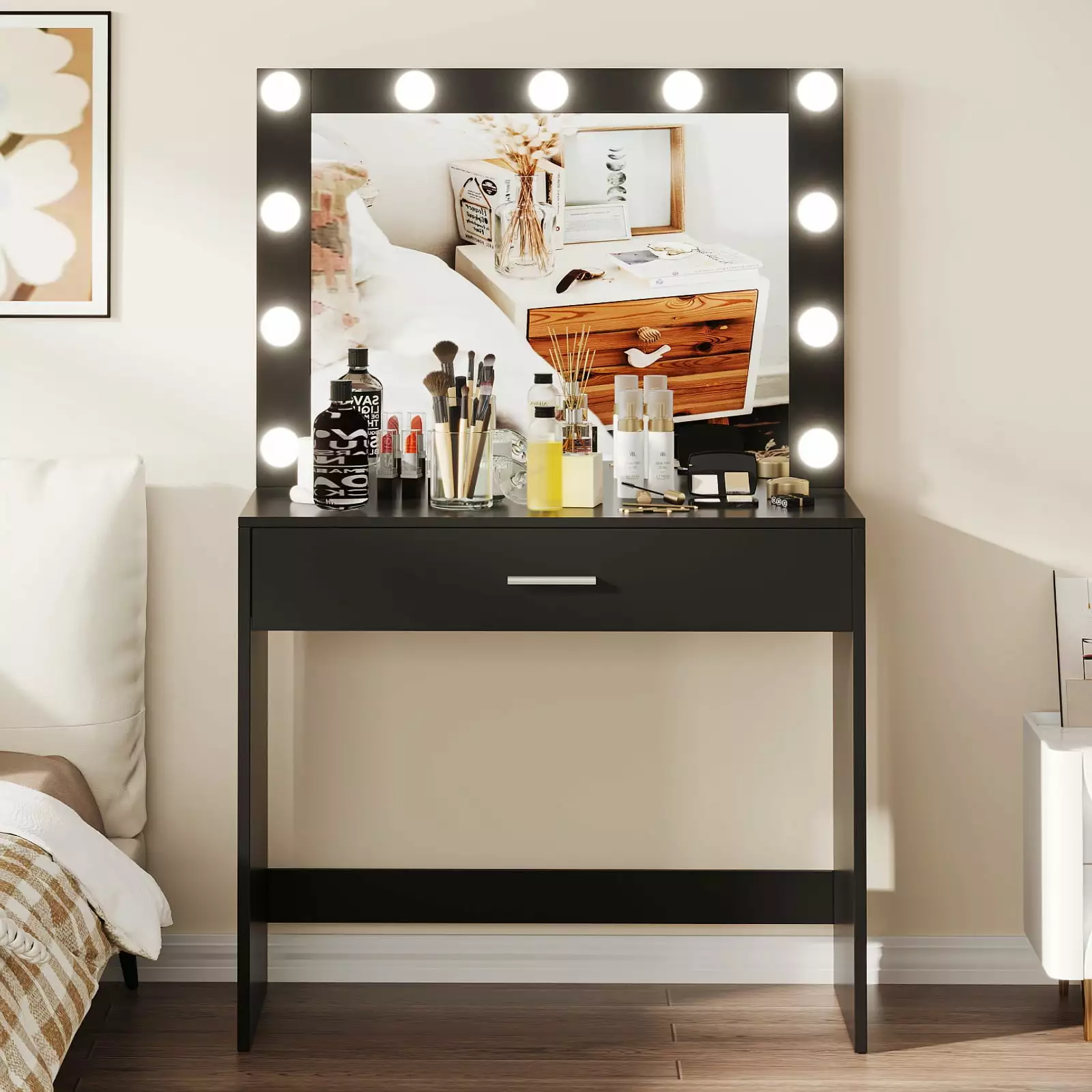Modern Makeup Vanity Table 3-Color Lights, Black Wooden Dressing Desk Mirror Rovaurx