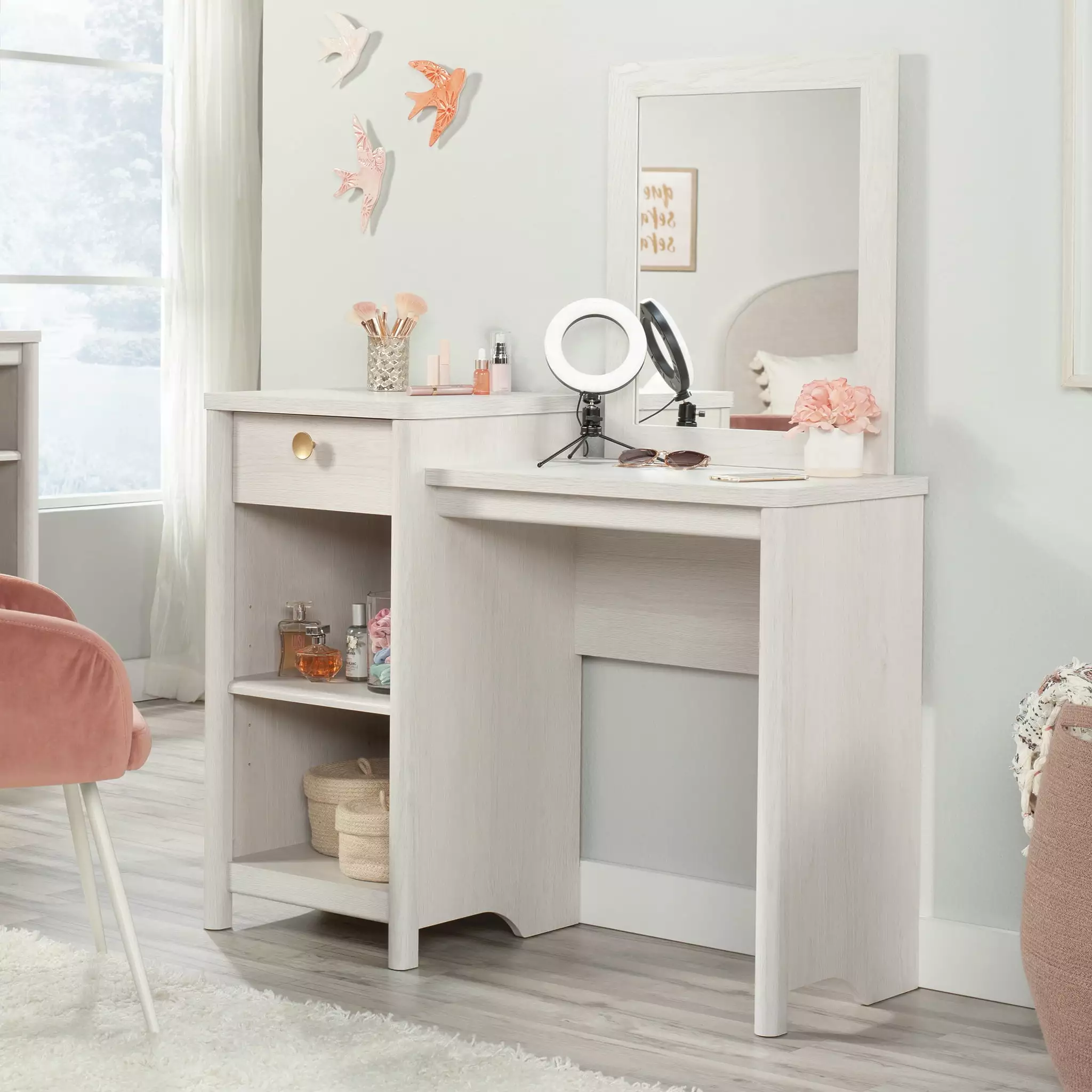 Sauder Dover Edge Bedroom Vanity Mirror Glacier Oak Finish