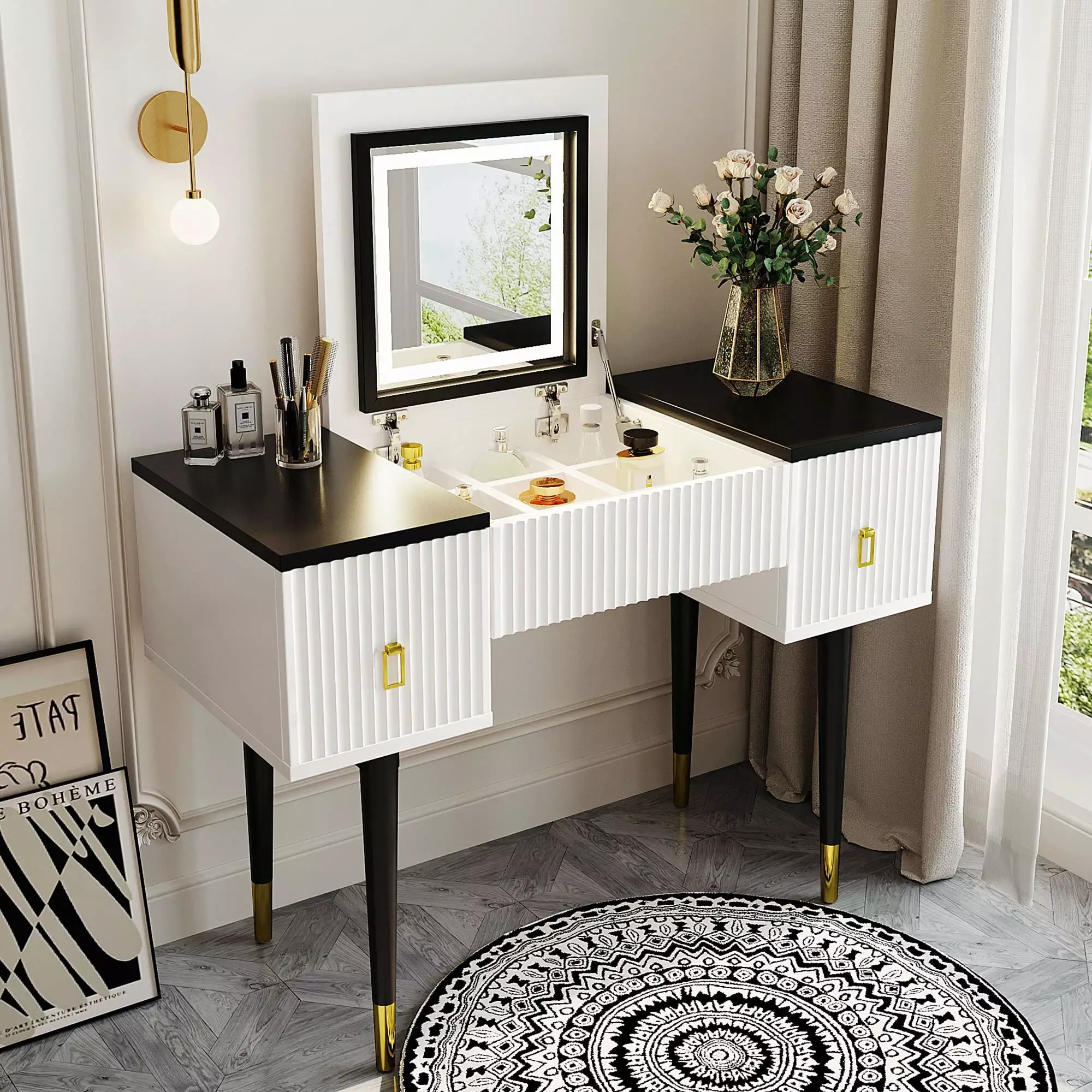 Soges Modern Vanity Set Flip-top Mirror and LED Light Dressing Table 2 Drawers 43.3 Makeup Table White and Black