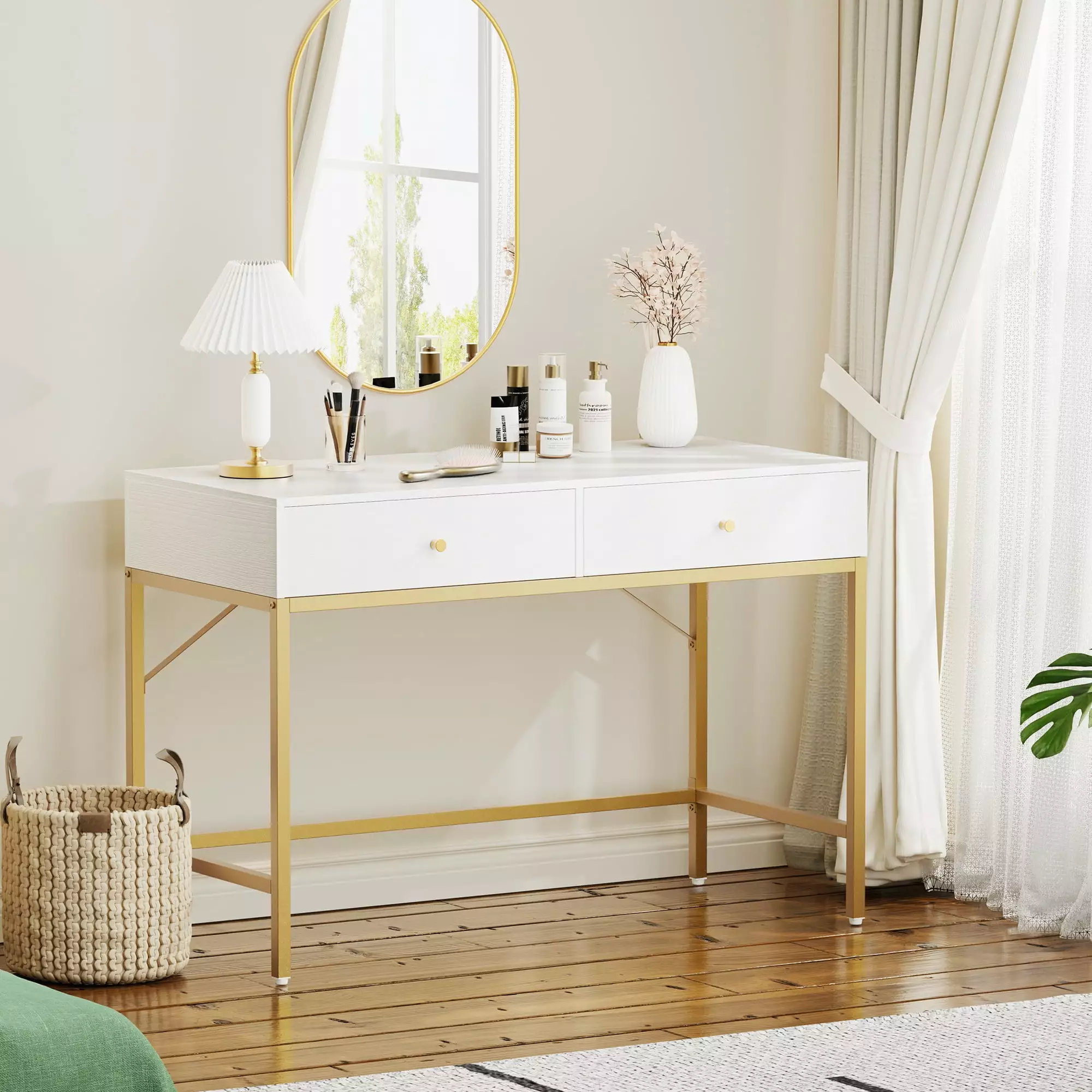 Modern Vanity Desk Drawers 47 Inch Makeup Dressing Table Computer Desk White and Gold SUPERJARE