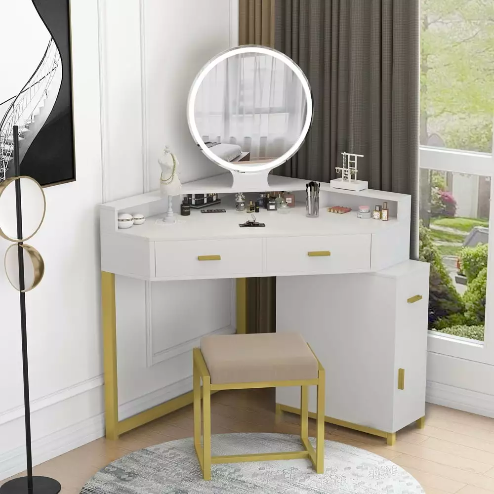 Chic Lighted Vanity-Set Corner Computer Desk Makeup Vanity Table Removable Mirror and Stool TZUTOGETHER