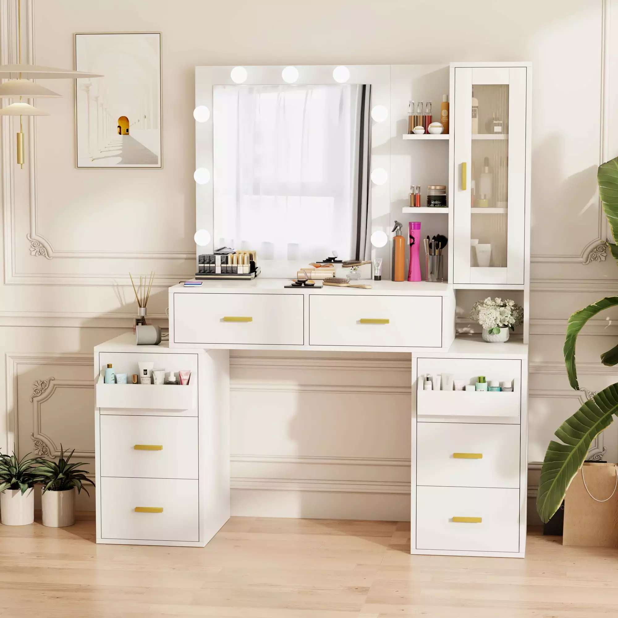 TZUTOGETHER Vanity Table Lighted Mirror Makeup Dressing Table LED Lights 2 Drawers Stool
